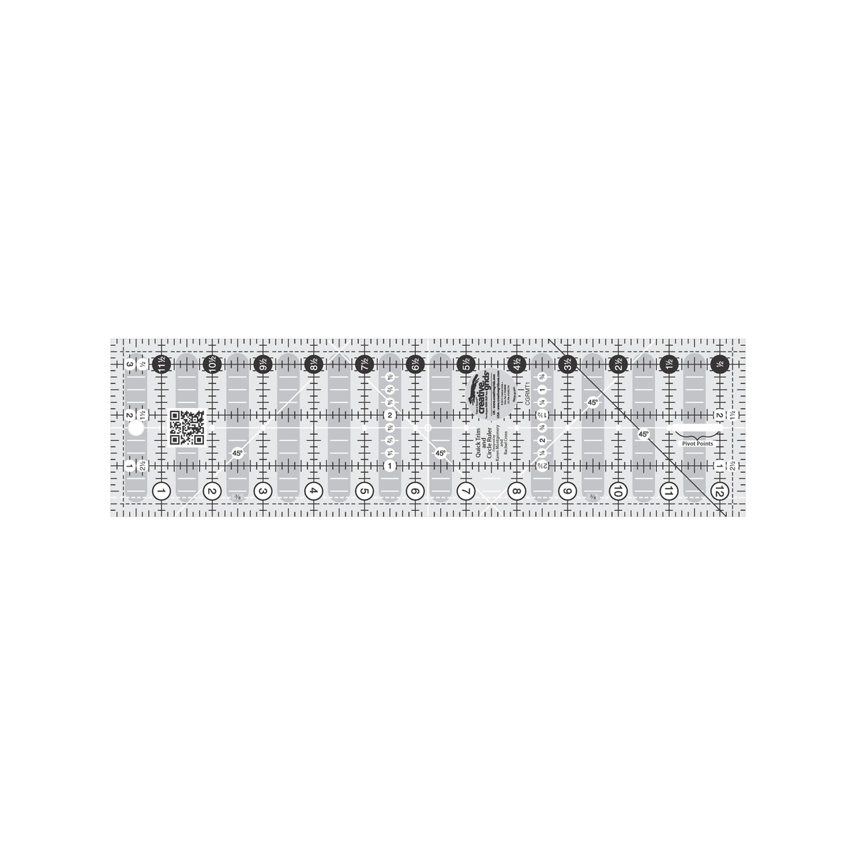 Creative Grids Quick Trim and Circle 3 1/2 x 12 1/2 inch ruler CGRMT1 by Karen Montgomery and Rachel Cross, grayscale render on white: printed name Quick Trim and Circle Ruler, inch numbers 1 to 12 in white circles along one long edge and 1/2 to 11 1/2 in black circles along the other, 45 degree lines, a white center line with a row of small holes and a Pivot Points label, dashed lines inside the edges, gray non-slip grip bars, a QR code, and the Creative Grids logo circle.