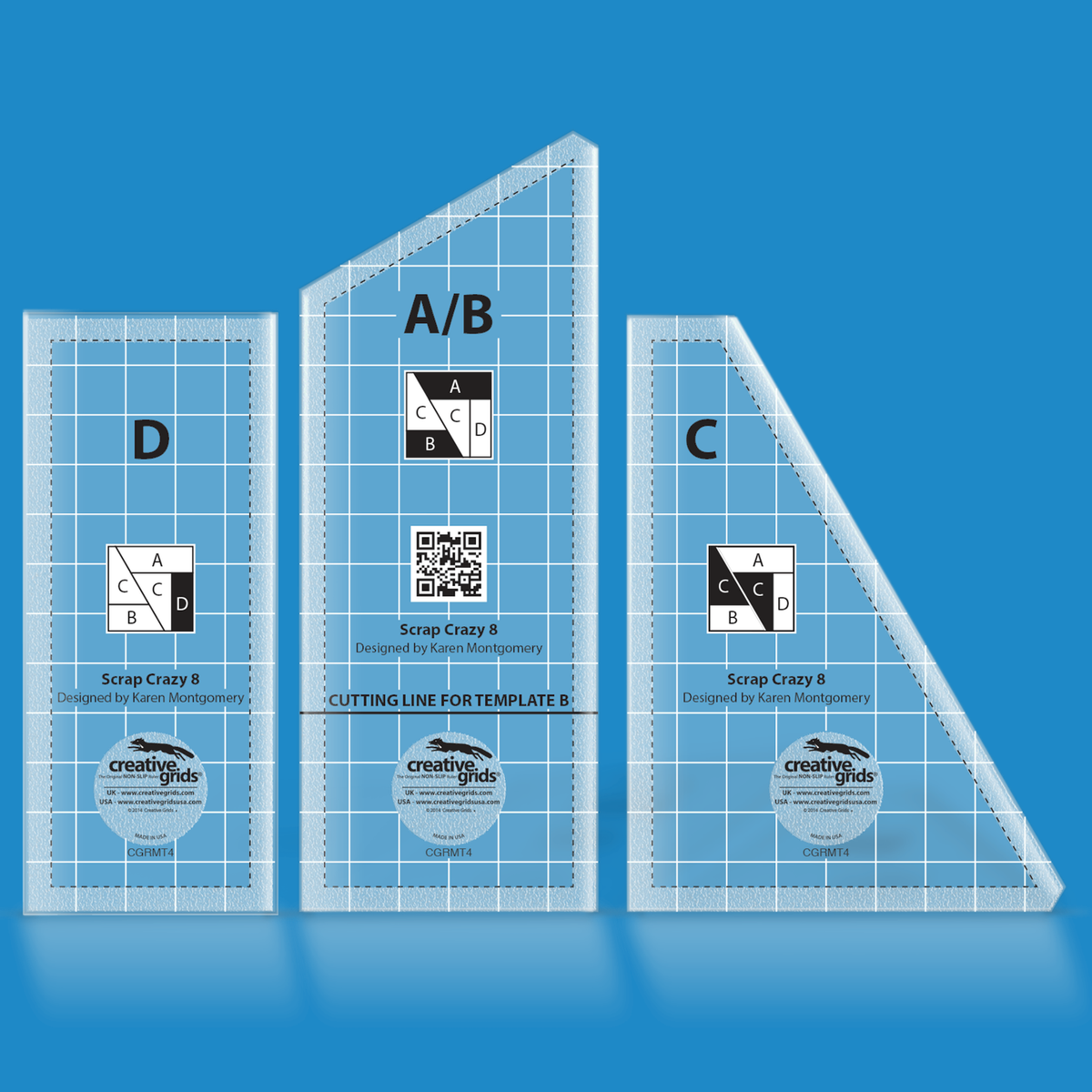 Creative Grids Scrap Crazy 8 Templates CGRMT4 by Karen Montgomery in translucent blue acrylic: three pieces labeled D, A/B, and C, each with a lettered block diagram, the name Scrap Crazy 8, a white grid, and a dashed line inside the edges, plus a QR code and a Cutting Line for Template B on the A/B piece.