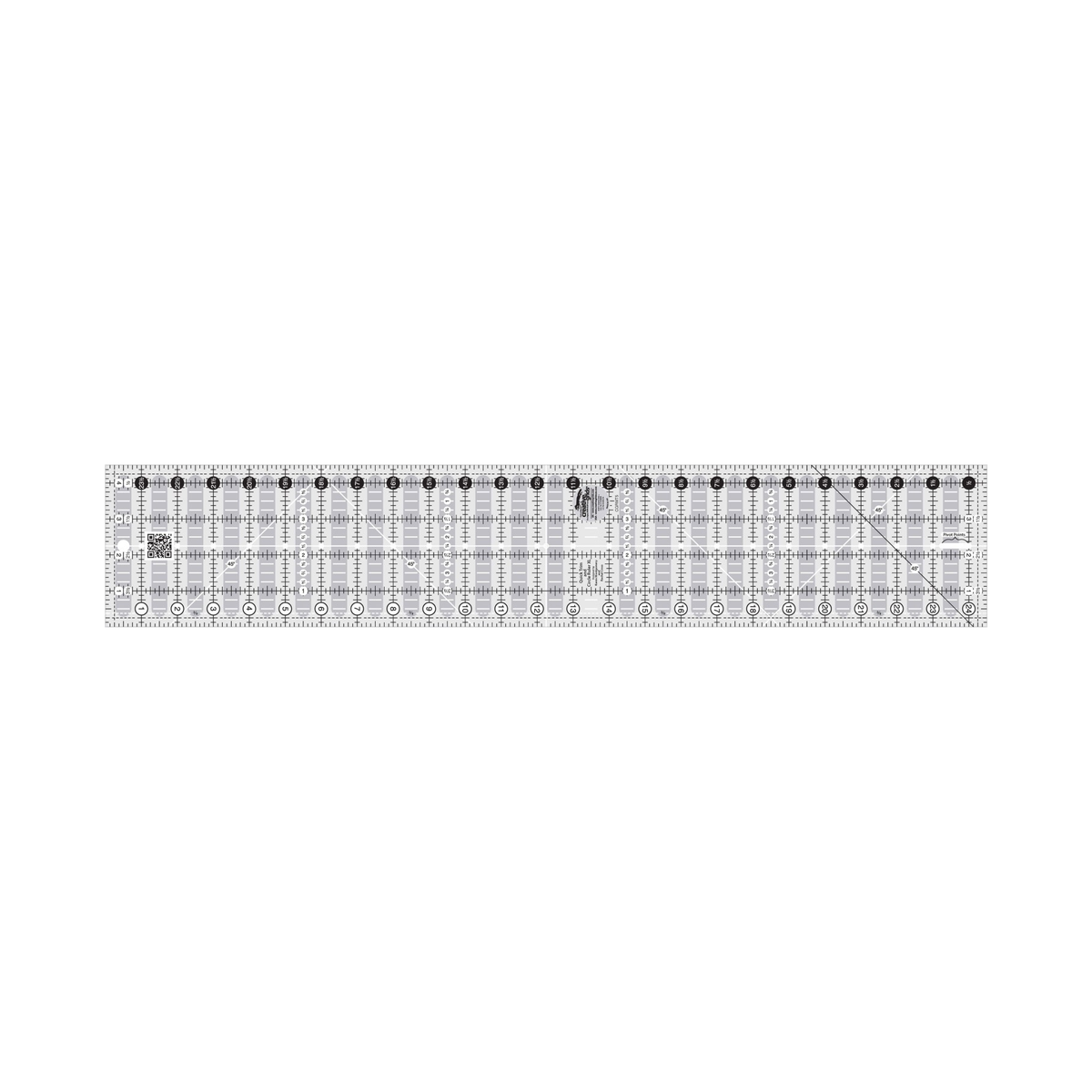 Creative Grids Quick Trim and Circle XL 4 1/2 x 24 1/2 inch ruler CGRMT5 by Karen Montgomery and Rachel Cross, grayscale render on white: printed name Quick Trim and Circle Ruler XL, inch numbers 1 to 24 in white circles along one long edge and 1/2 to 23 1/2 in black circles along the other, 45 degree lines, a white center line with a row of small holes and a Pivot Points label, dashed lines inside the edges, gray non-slip grip bars, a QR code, and the Creative Grids logo circle.