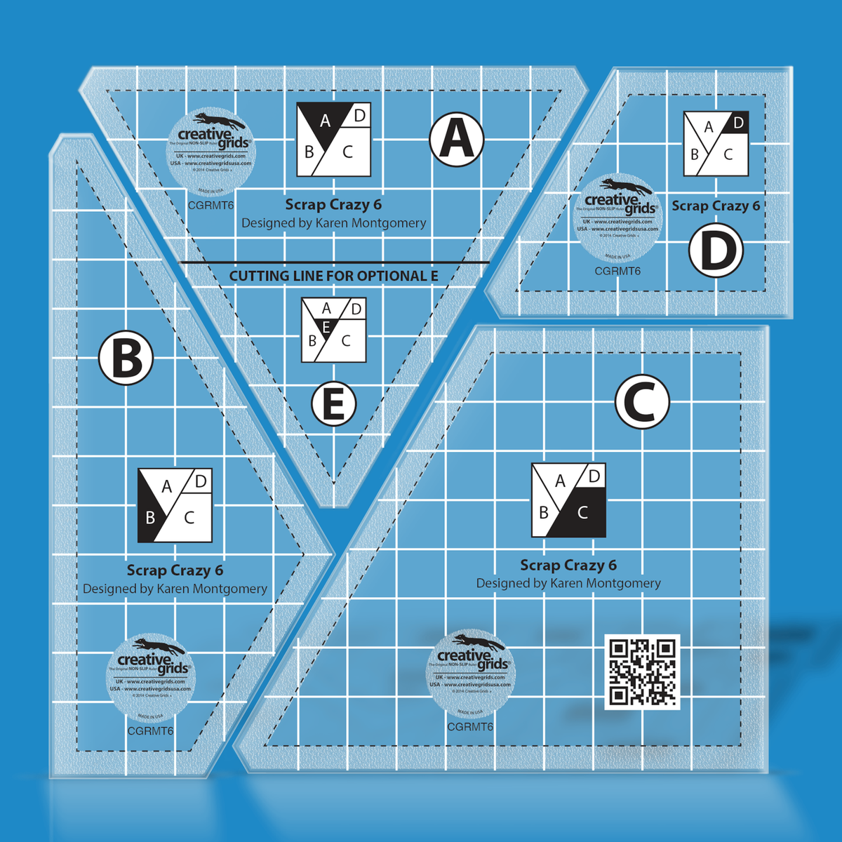 Creative Grids Scrap Crazy 6 Templates CGRMT6 by Karen Montgomery in translucent blue acrylic: four pieces labeled A, B, C, and D, each with a lettered block diagram and a white grid, a Cutting Line for Optional E on the A piece, and a QR code on the C piece.