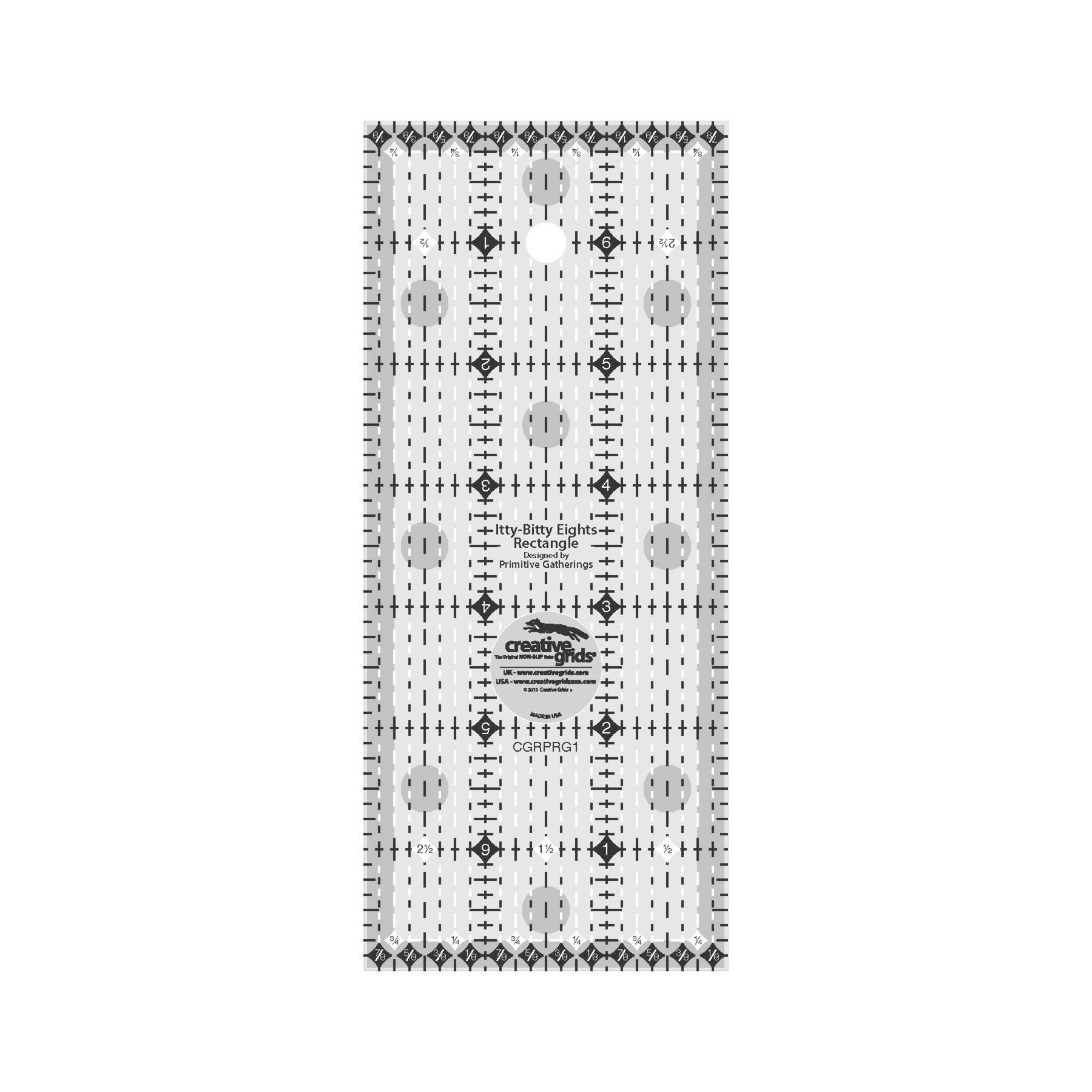 Creative Grids Itty-Bitty Eights 3 x 7 inch rectangle quilt ruler by Lisa Bongean, gray acrylic ruler on white background with black and white dashed 1, 1/4, and 1/8 inch markings and diamond symbols for cutting miniature quilt pieces.