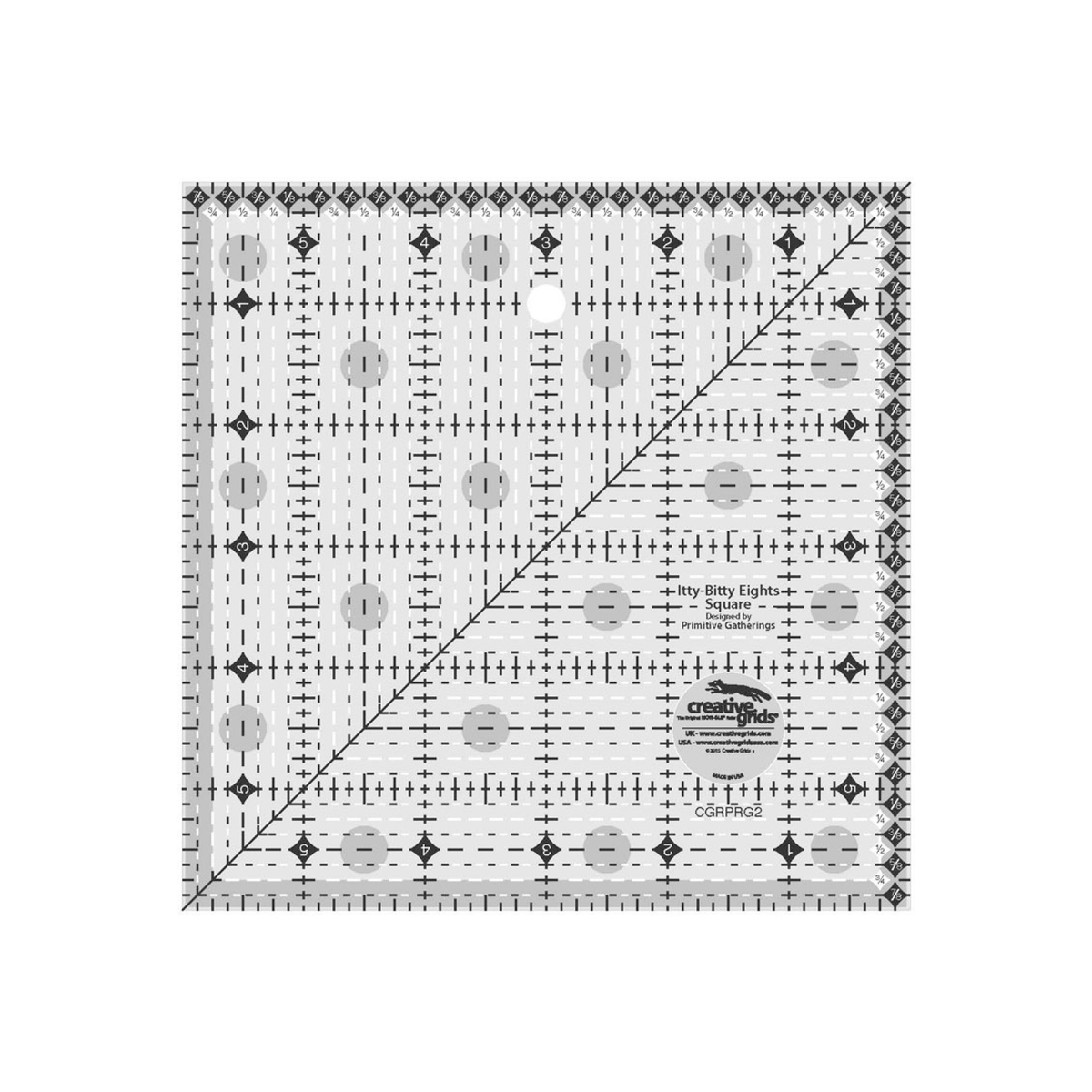 Creative Grids Itty-Bitty Eights 6 x 6 inch square quilt ruler CGRPRG2 by Lisa Bongean, grayscale render on white: dashed black and white lines at every 1/8 inch, running vertically above the 45 degree diagonal and horizontally below it, whole inches 1 to 5 numbered in black diamonds on all four sides, eighth-inch fractions in black and white diamonds along two edges, gray non-slip grip dots, and the Creative Grids logo circle.