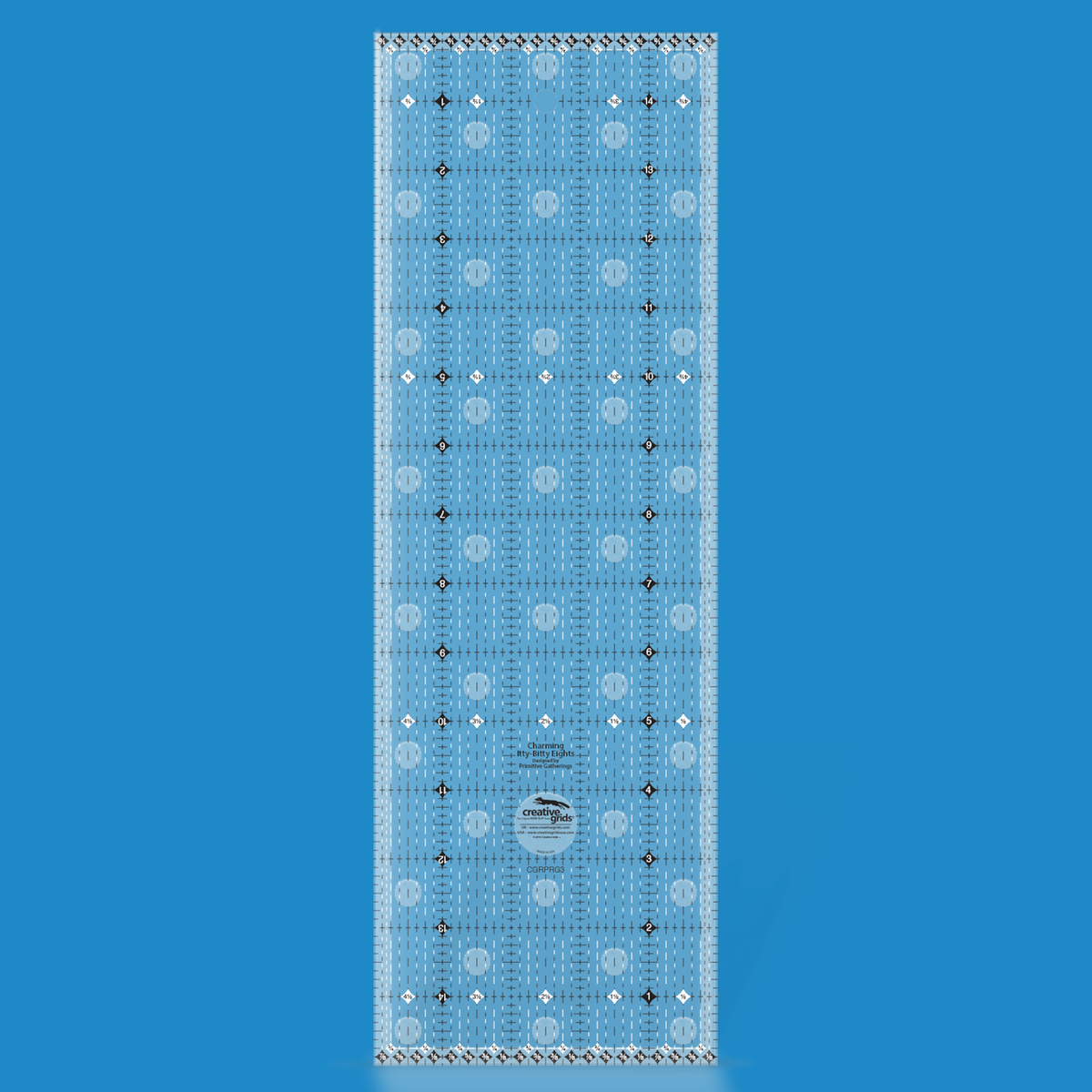 Creative Grids Charming Itty-Bitty Eights 5 x 15 inch rectangle quilt ruler CGRPRG3 by Lisa Bongean rendered in translucent blue acrylic with black and white dashed eighth-inch lines, numbered black diamonds, fraction diamonds at both ends, and the Creative Grids non-slip logo.