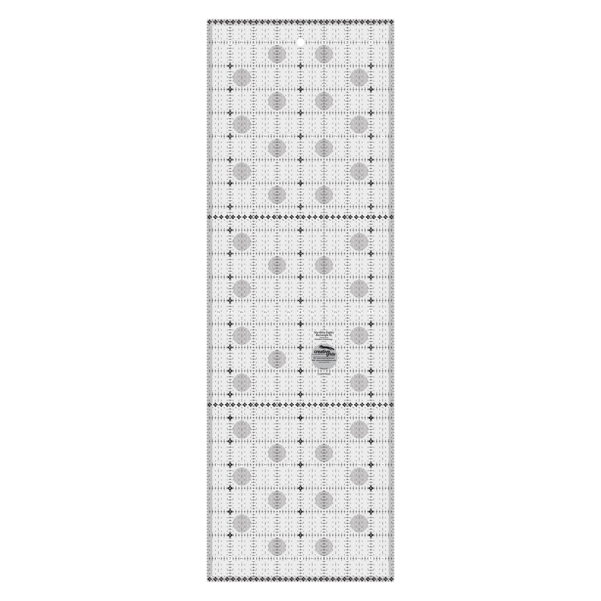 Creative Grids Itty-Bitty Eights XL 8 x 24 inch rectangle quilt ruler CGRPRG5 by Lisa Bongean, grayscale render on white: dashed black and white lines at every 1/8 inch along the length, whole inches 2 to 22 numbered in black diamonds in three columns, eighth-inch fraction rows at both ends and near the 8 and 16 inch lines, gray non-slip grip dots, and the Creative Grids logo circle.