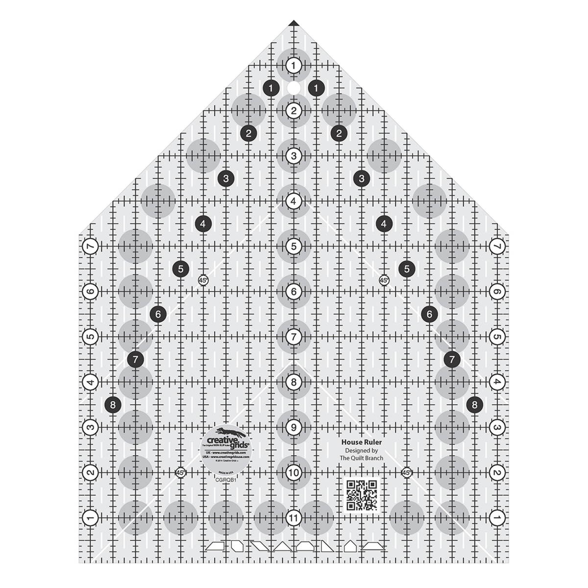 Creative Grids House Ruler CGRQB1 by Susan Knapp, house-shaped ruler with a peaked top and a black tip, grayscale render on white: a grid of ticked black lines, white circles numbered 1 to 11 down the center and 1 to 7 up both sides, black circles numbered 1 to 8 down both roof slopes, 45 degree marks on white diagonal lines, a row of cut-shape icons along the bottom edge, a QR code, gray non-slip grip dots, and the Creative Grids logo circle.