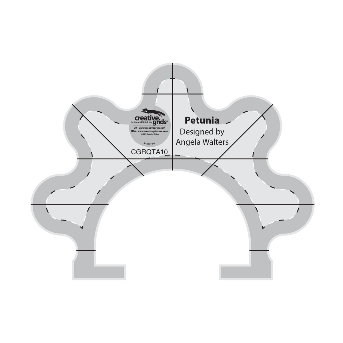 Creative Grids Petunia Machine Quilting Ruler CGRQTA10 by Angela Walters, half-flower shape with five rounded scallops around a half-circle cutout and a squared foot at each end, grayscale render on white: black and white dashed lines that follow the scalloped outer edge and the inner arc, solid black vertical, horizontal, and diagonal reference lines, gray non-slip grip bands along the outer and inner edges, and the Creative Grids logo circle.