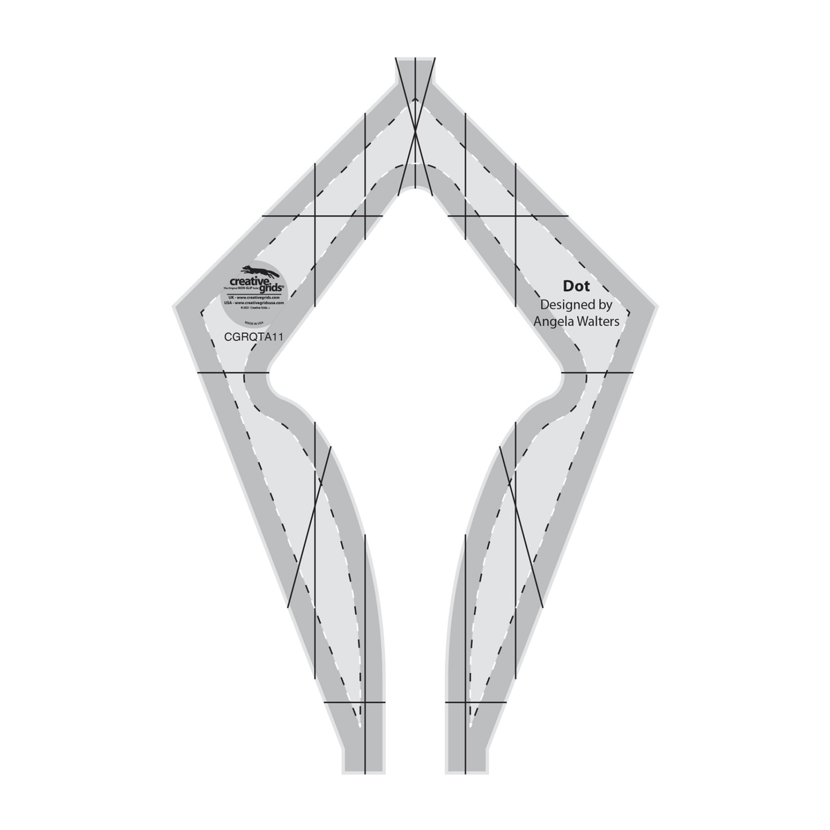Creative Grids Dot Machine Quilting Ruler CGRQTA11 by Angela Walters, kite-shaped frame with straight outer edges, a curvy pointed cutout in the center, and an open slot at the bottom, grayscale render on white: black and white dashed lines that follow the outer and inner edges, solid black vertical, horizontal, and angled reference lines across the frame, gray non-slip grip bands along the outer and inner edges, and the Creative Grids logo circle.