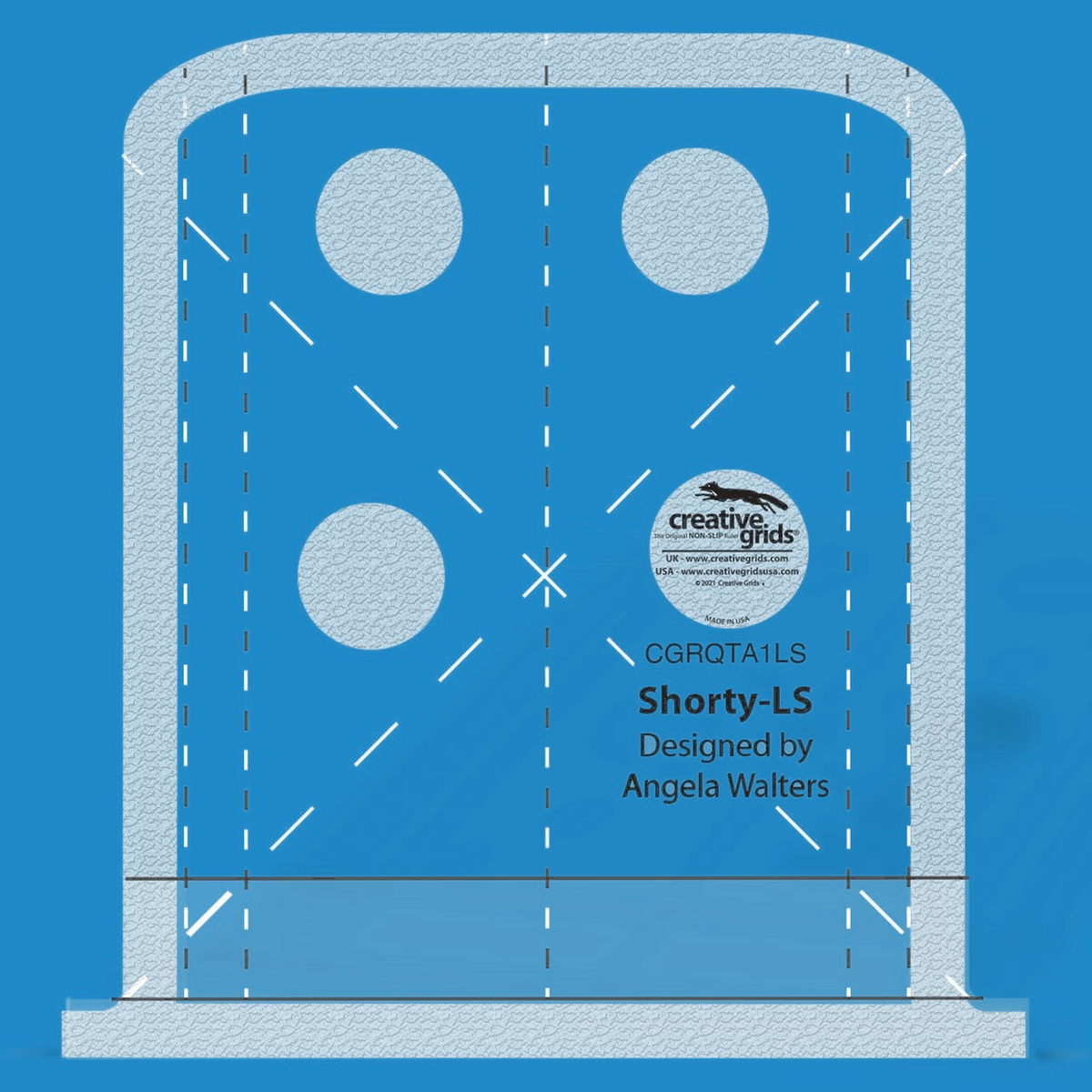 Creative Grids Shorty Low Shank Machine Quilting Ruler CGRQTA1LS by Angela Walters in translucent blue acrylic with black and white dashed vertical guide lines, white dashed diagonal lines crossing in an X, two solid horizontal lines near the bottom, round grip pads, and the name Shorty-LS above the Designed by Angela Walters credit.