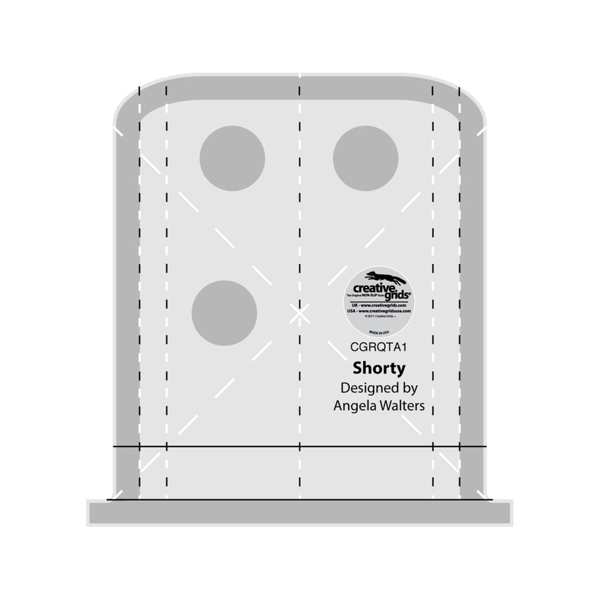Creative Grids Shorty Machine Quilting Ruler CGRQTA1 by Angela Walters, palm-sized tool with rounded top corners and a wider straight bar across the bottom, grayscale render on white: black and white dashed vertical guide lines, white dashed diagonal lines that cross in an X, two solid black horizontal lines near the bottom, gray non-slip grip bands along the edges, round gray grip pads, and the Creative Grids logo circle.