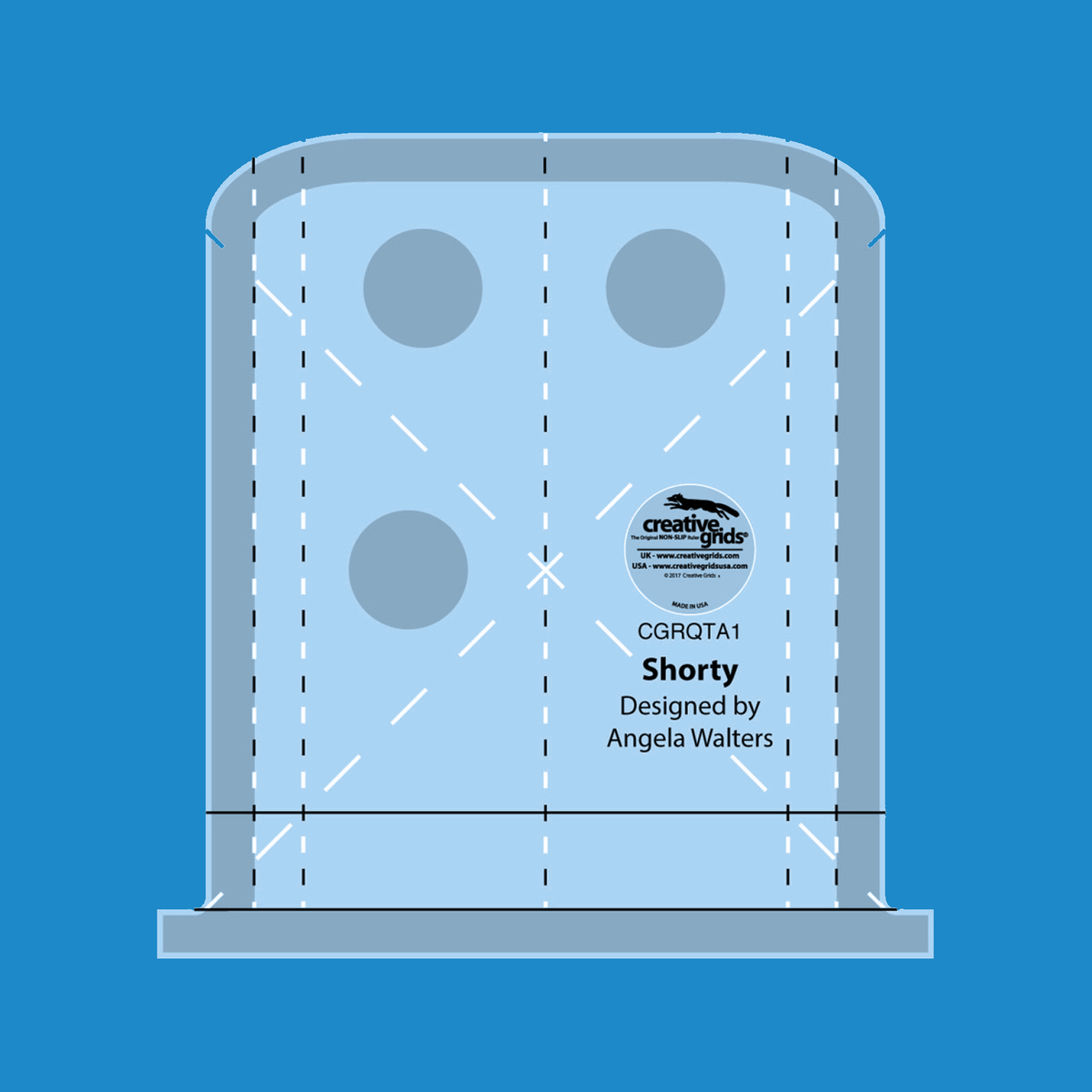 Creative Grids Shorty Machine Quilting Ruler CGRQTA1 by Angela Walters recolored in blue on a blue background with black and white dashed vertical guide lines, white dashed diagonal lines crossing in an X, two solid horizontal lines near the bottom, round grip pads, and the name Shorty above the Designed by Angela Walters credit.