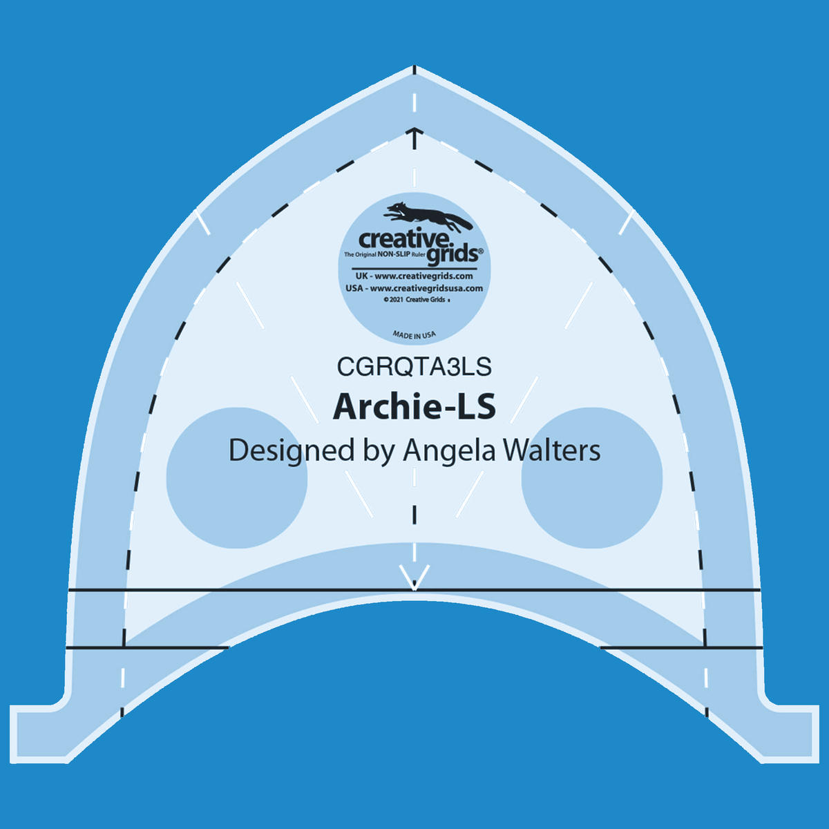Creative Grids Archie Low Shank Machine Quilting Ruler CGRQTA3LS by Angela Walters recolored in blue on a blue background with a black and white dashed line inside the pointed arch, a dashed center line with arrowheads, solid horizontal lines near the base, round grip pads, and the name Archie-LS above the Designed by Angela Walters credit.