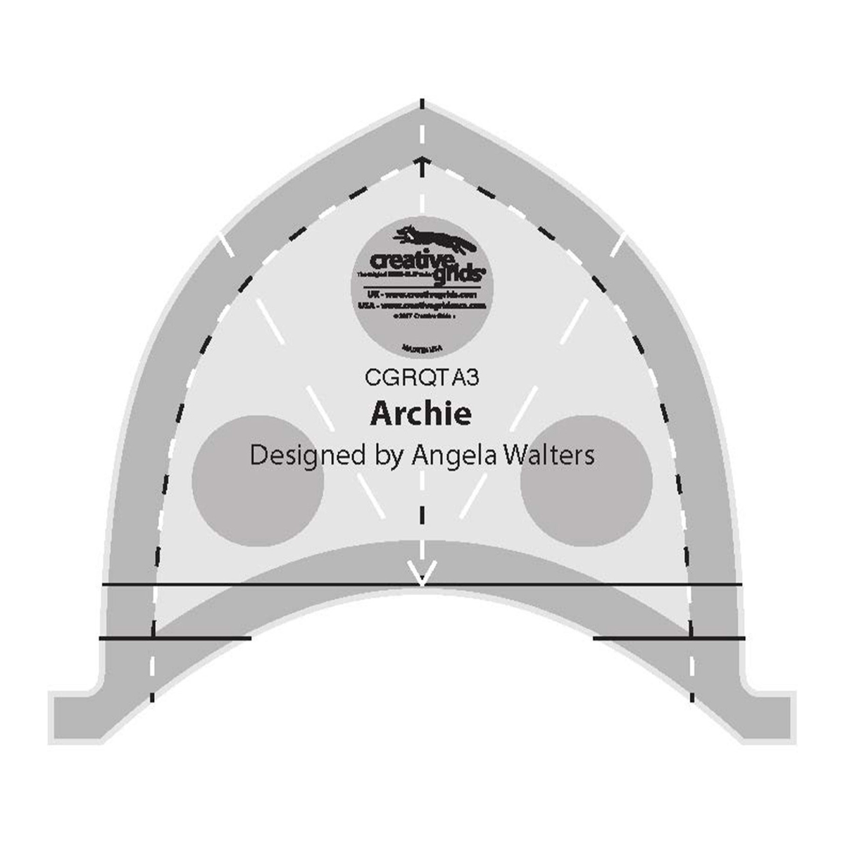 Creative Grids Archie Machine Quilting Ruler CGRQTA3 by Angela Walters, pointed arch with a curved cutaway along the bottom and a foot at each lower corner, grayscale render on white: a black and white dashed line inside the arch, a dashed center line with an arrowhead at each end, short white lines fanning out from the center, solid black horizontal lines near the base, gray non-slip grip bands and round grip pads, and the Creative Grids logo circle.
