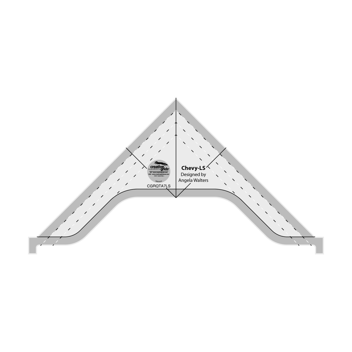 Creative Grids Chevy Low Shank Machine Quilting Ruler CGRQTA7LS by Angela Walters, wide chevron with two straight outer edges and a curved inner edge, grayscale render on white: rows of black and white dashed lines parallel to the straight edges, a solid black center line from the point, a solid black line along the curved inner edge, short solid black lines across each straight edge, gray non-slip grip bands along the edges, the name Chevy-LS, and the Creative Grids logo circle.