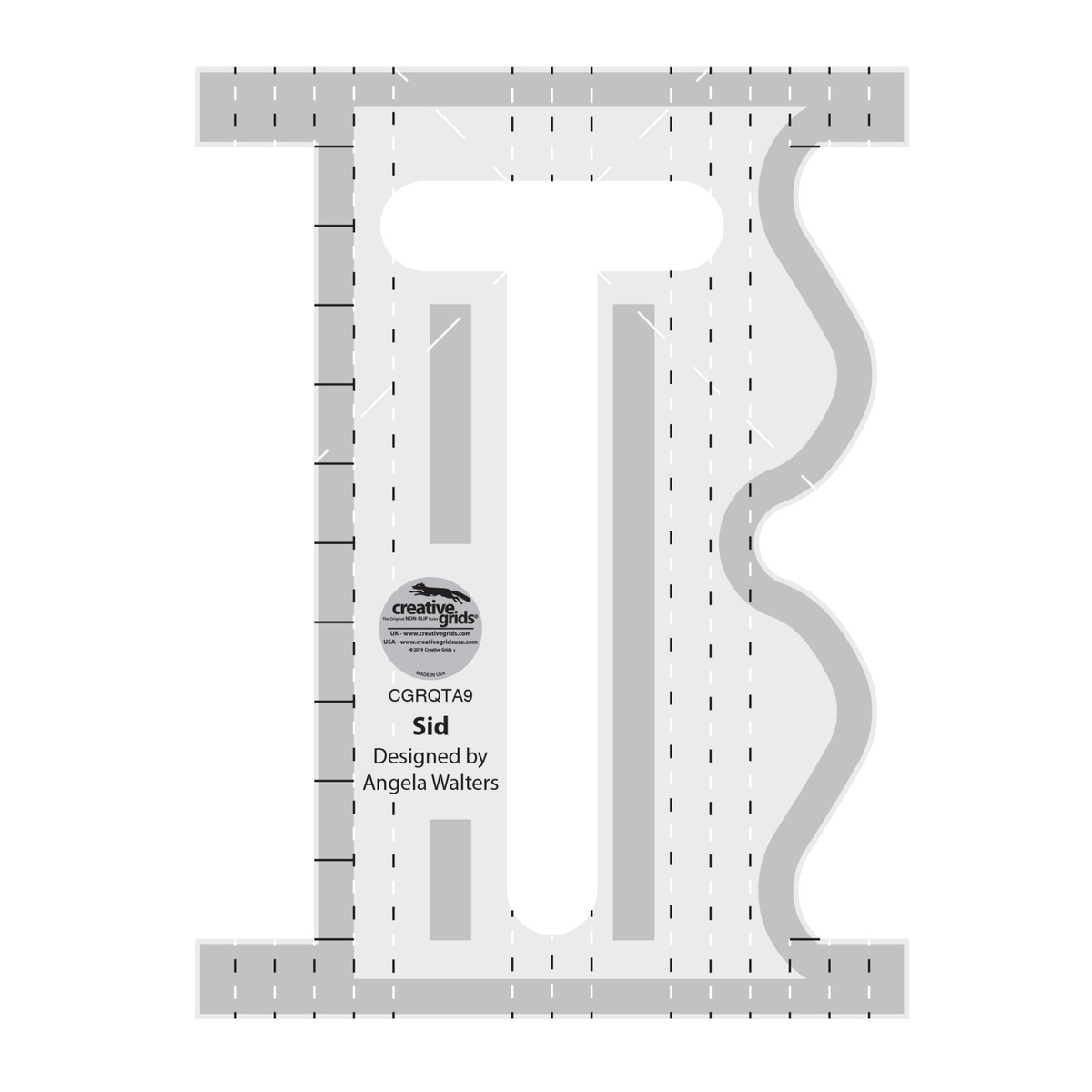 Creative Grids Sid Machine Quilting Ruler CGRQTA9 by Angela Walters, tool with a bar across the top and bottom, one straight side, one wavy side, and a T-shaped center cutout, grayscale render on white: black and white dashed lengthwise guide lines, short solid black cross lines along the straight side, white dashed diagonal lines, gray non-slip grip bands along the edges, long gray grip strips beside the cutout, and the Creative Grids logo circle.