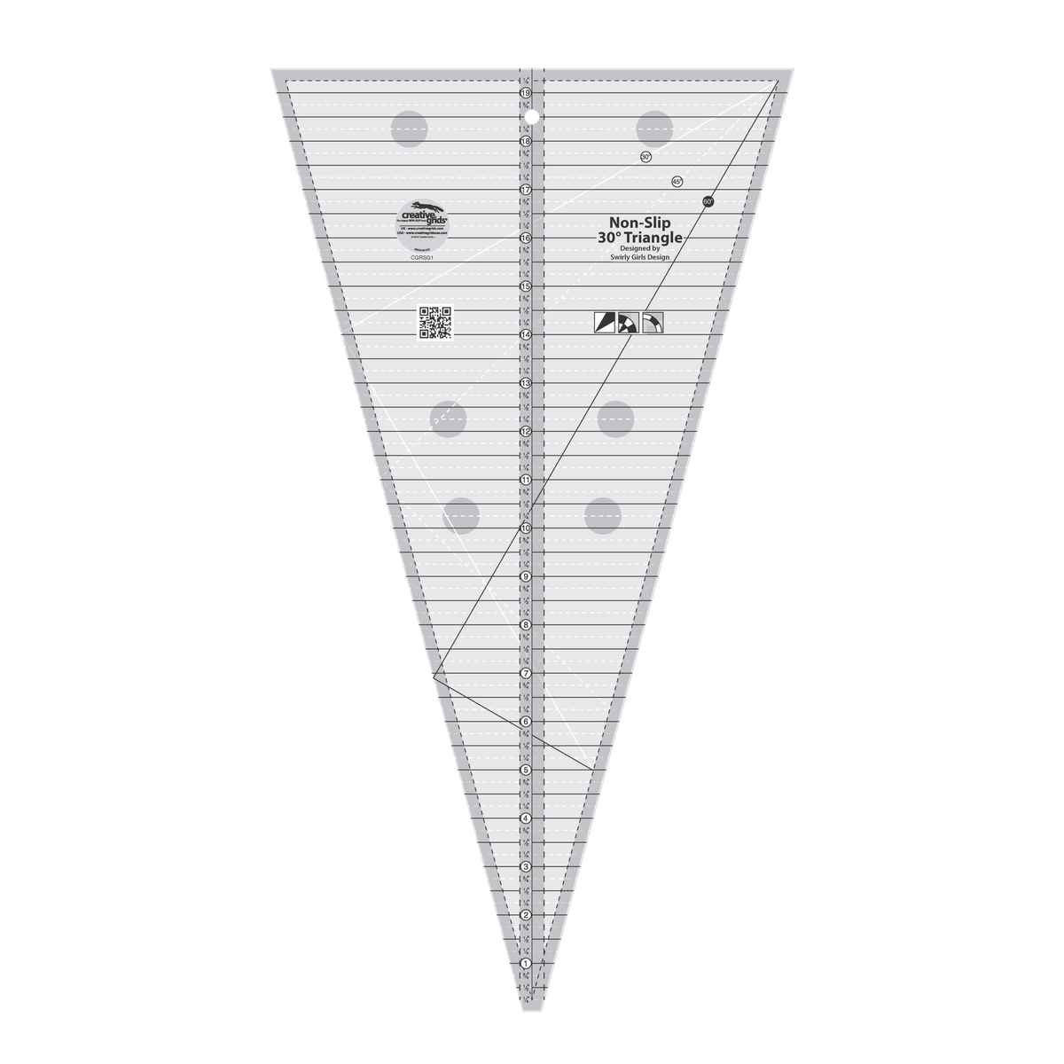 Creative Grids 30 Degree Triangle CGRSG1 by Christine Van Buskirk, wide wedge ruler, grayscale render on white: the printed name Non-Slip 30 Degree Triangle, a center inch scale labeled 1/4 to 19 1/4 inches, solid black whole and half inch lines, white dashed 1/4 and 3/4 inch lines, dashed lines inside the edges, 30, 45, and 60 degree lines, a QR code, three block icons, gray non-slip grip dots, a hang hole, and the Creative Grids logo circle.