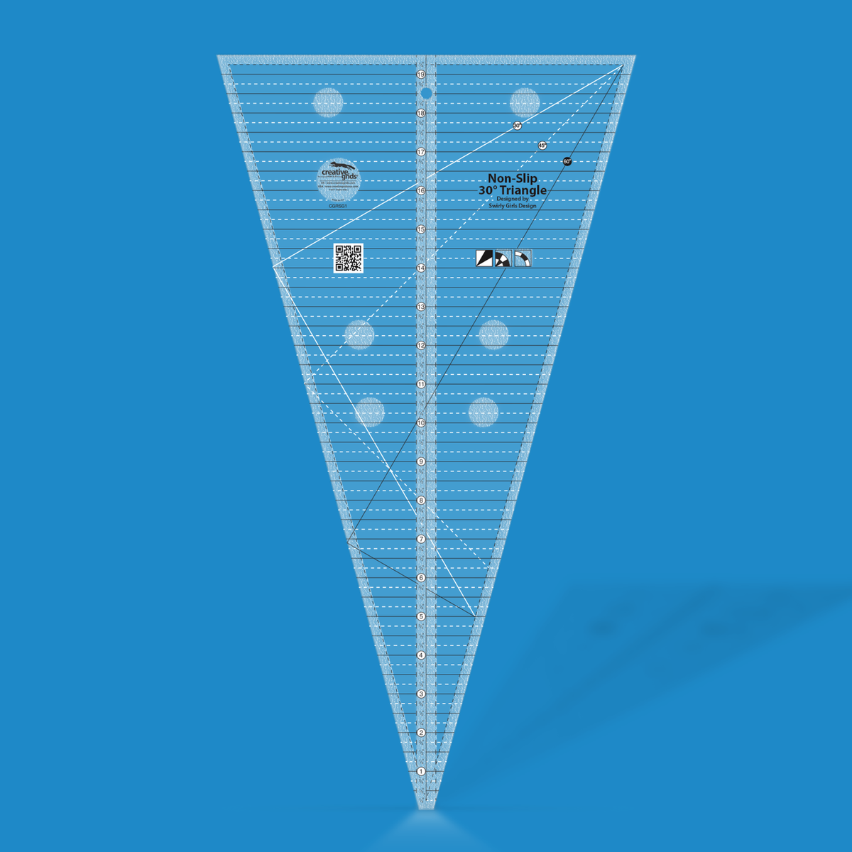 Creative Grids 30 Degree Triangle CGRSG1 by Christine Van Buskirk in translucent blue acrylic, a wide wedge with a center inch scale numbered 1 to 19, angled lines labeled 30, 45, and 60 degrees, a QR code, three block icons, and a hang hole.