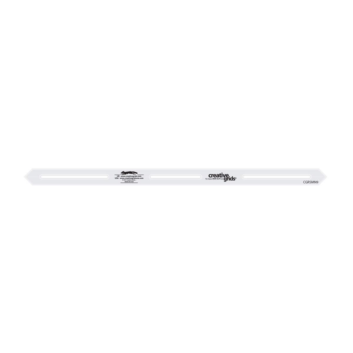 Creative Grids 9-Inch Seam Guide Tool CGRSMN9 by It's Sew Emma, narrow 1/2 x 9 inch strip with pointed ends, grayscale render on white: three marking slots along the center, the Creative Grids logo between the slots, and CGRSMN9 printed near one end.
