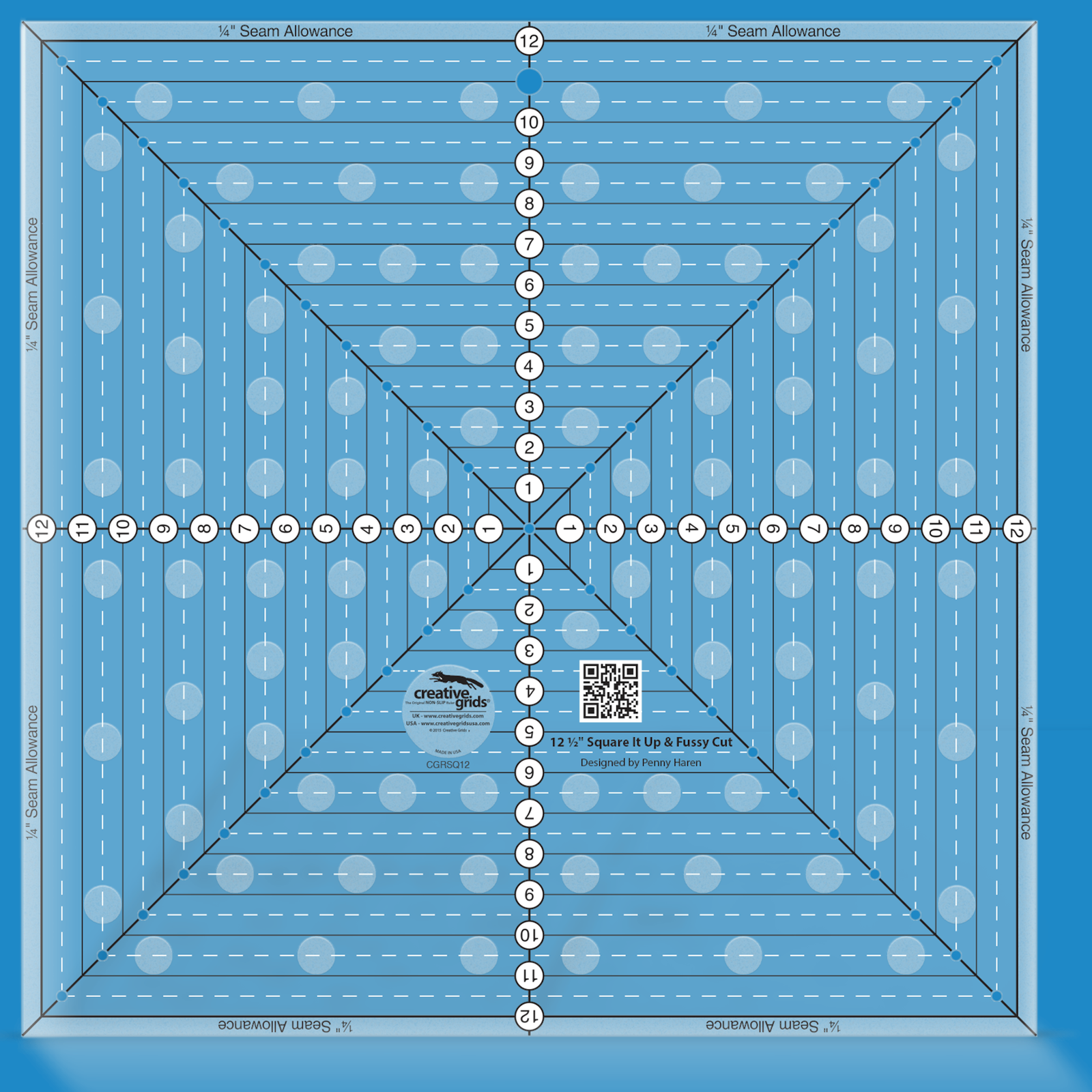 Creative Grids 12-1/2in Square It Up or Fussy Cut Square quilt ruler by Penny Haren in Smartisans brand blue. Same square acrylic ruler showing the centered horizontal, vertical, and diagonal lines, quarter-inch seam-allowance edges, printed 1in solid squares, and drilled marking holes used to square up blocks and fussy cut motifs. Item CGRSQ12.