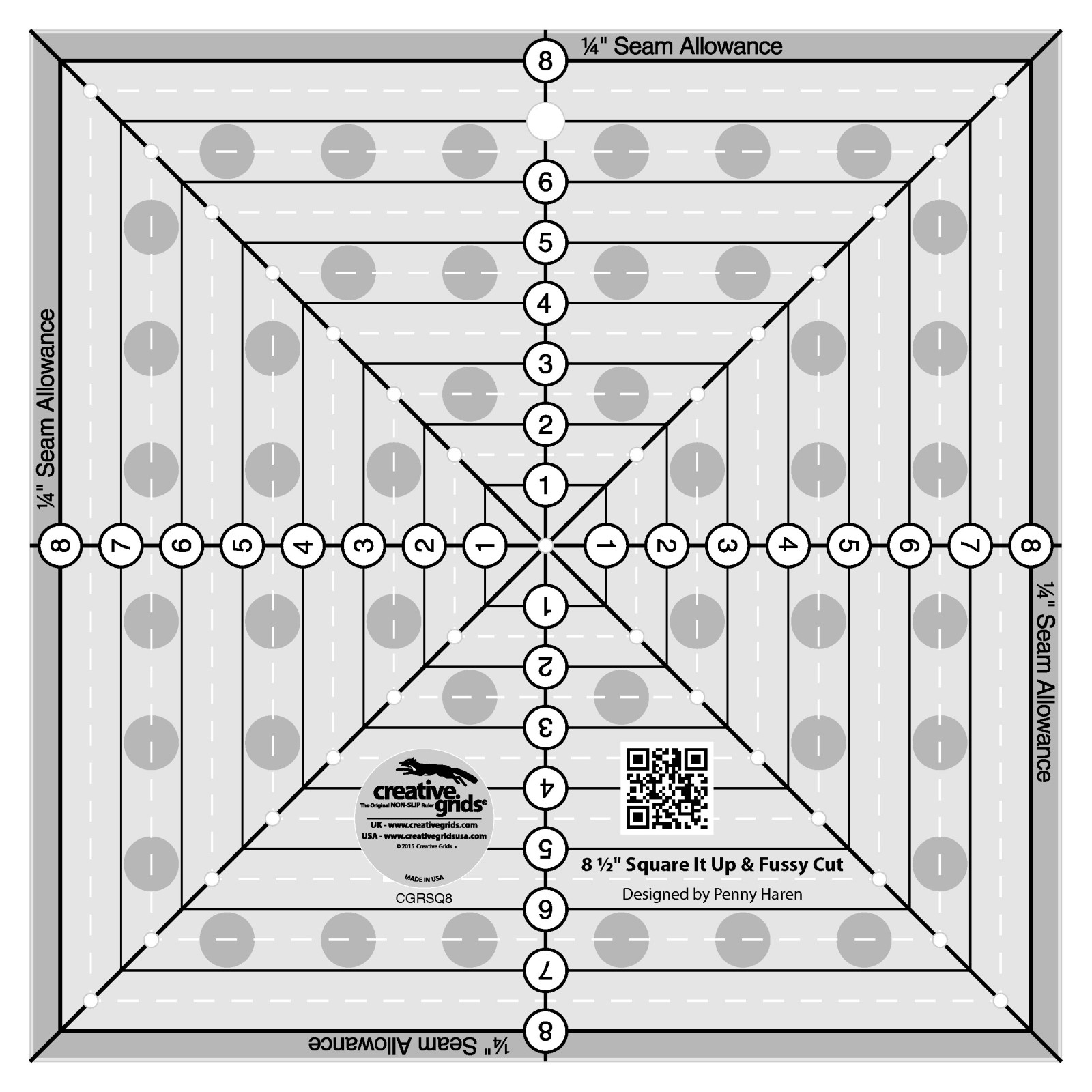 Creative Grids 8-1/2in Square It Up or Fussy Cut Square quilt ruler by Penny Haren, grayscale render on white. Clear acrylic square marked with centered horizontal, vertical, and diagonal black lines, a 1/4in seam allowance around every edge, printed 1in solid squares for fussy cutting, and drilled marking holes at the half-inch points. Item CGRSQ8.