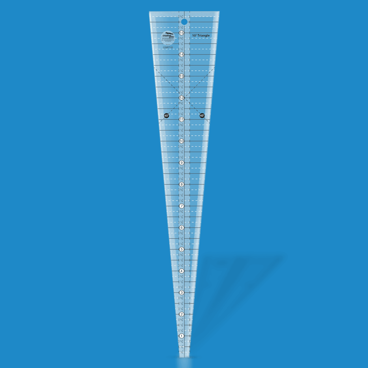 Creative Grids 10 Degree Triangle CGRT10 in translucent blue acrylic, a long narrow wedge with a center inch scale numbered 1 to 15, solid and dashed cross lines, two crossing dashed 45 degree lines, a hang hole, and the Creative Grids logo circle.