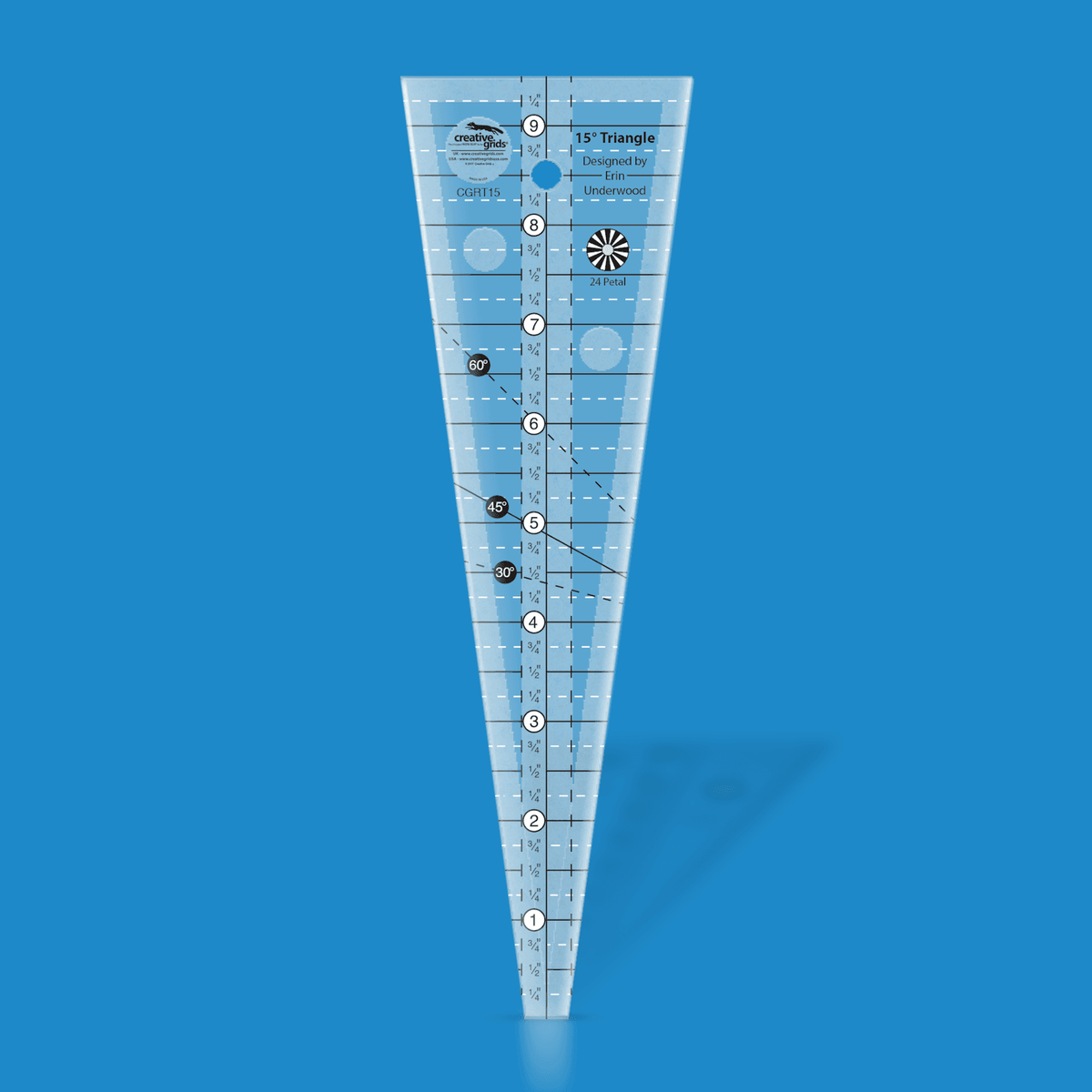 Creative Grids 15 Degree Triangle CGRT15 by Erin Underwood in translucent blue acrylic, a narrow wedge with a center inch scale to 9 1/4 inches, 30, 45, and 60 degree lines, a 24 Petal plate icon, a hang hole, and the Designed by Erin Underwood credit.
