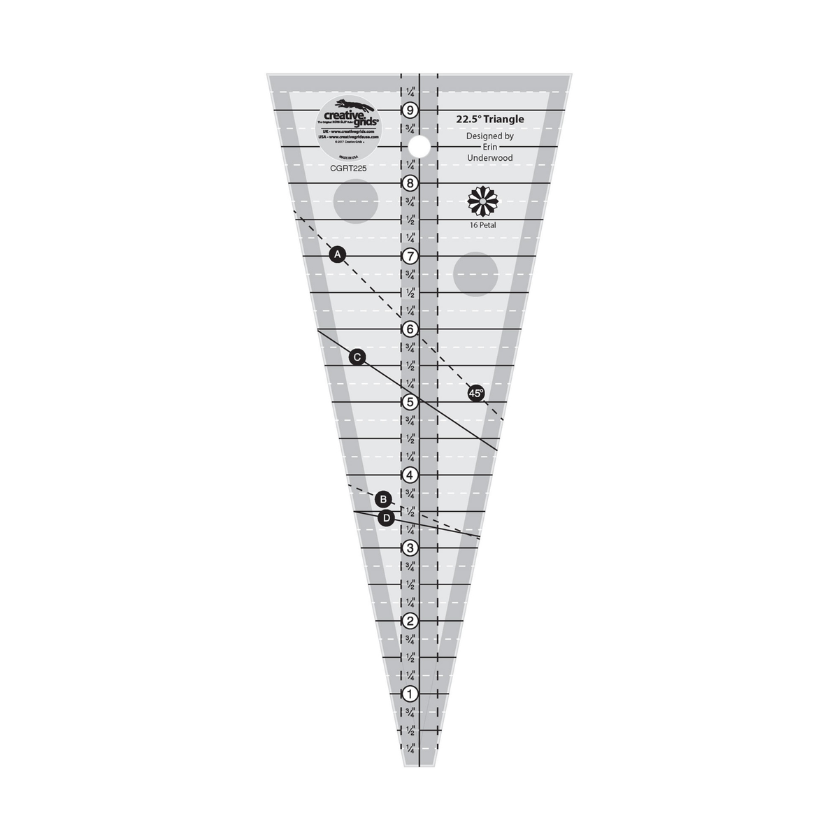 Creative Grids 22 1/2 Degree Triangle CGRT225 by Erin Underwood, wedge ruler, grayscale render on white: a center inch scale labeled 1/4 to 9 1/4 inches, solid black whole and half inch lines, white dashed 1/4 and 3/4 inch lines, a center line between two dashed lines, dashed and solid angled guide lines, a 16 Petal plate icon, gray non-slip grip dots, a hang hole, the Designed by Erin Underwood credit, and the Creative Grids logo circle.