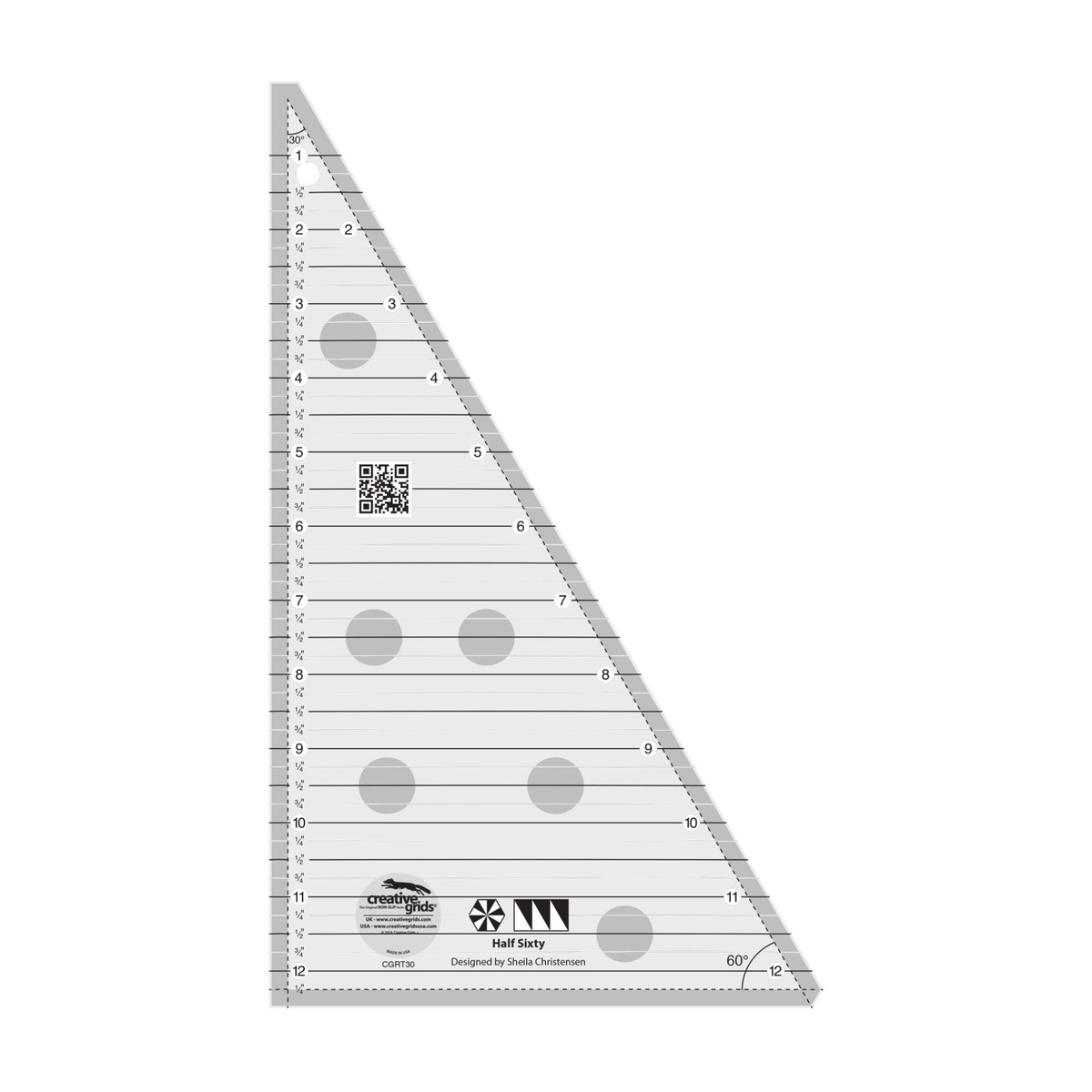 Creative Grids Half Sixty Triangle CGRT30 by Sheila Christensen, tall right triangle ruler, grayscale render on white: horizontal lines every 1/4 inch numbered 1 to 12 down the left edge and 2 to 12 along the diagonal, dashed 1/4 inch seam allowance lines inside the edges, 30 and 60 degree angle labels, a pieced hexagon block icon and a triangle-row block icon above the printed name Half Sixty, a QR code, gray non-slip grip dots, and the Creative Grids logo circle.