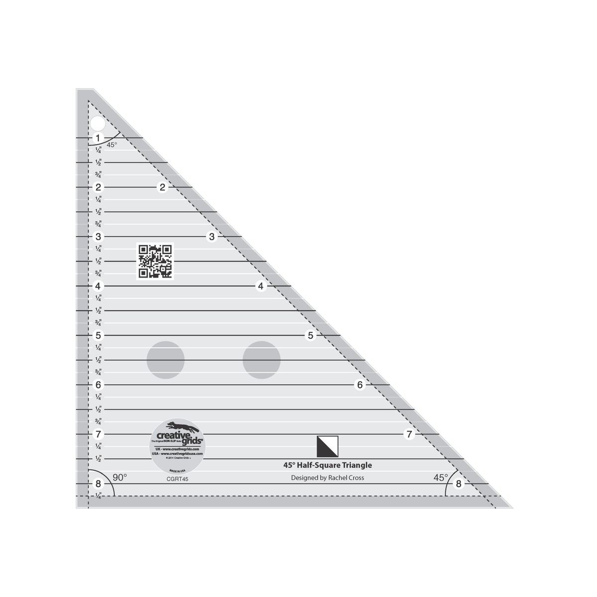 Creative Grids 45 Degree Half-Square 8 1/2 Inch Triangle CGRT45 by Rachel Cross, right triangle ruler with a trimmed top tip, grayscale render on white: horizontal lines every 1/4 inch numbered 1 to 8 down the left edge and 2 to 8 along the diagonal, dashed 1/4 inch seam allowance lines inside all three edges, 45 and 90 degree angle labels at the corners, a half-square triangle block icon above the printed name, a QR code, gray non-slip grip dots, and the Creative Grids logo circle.