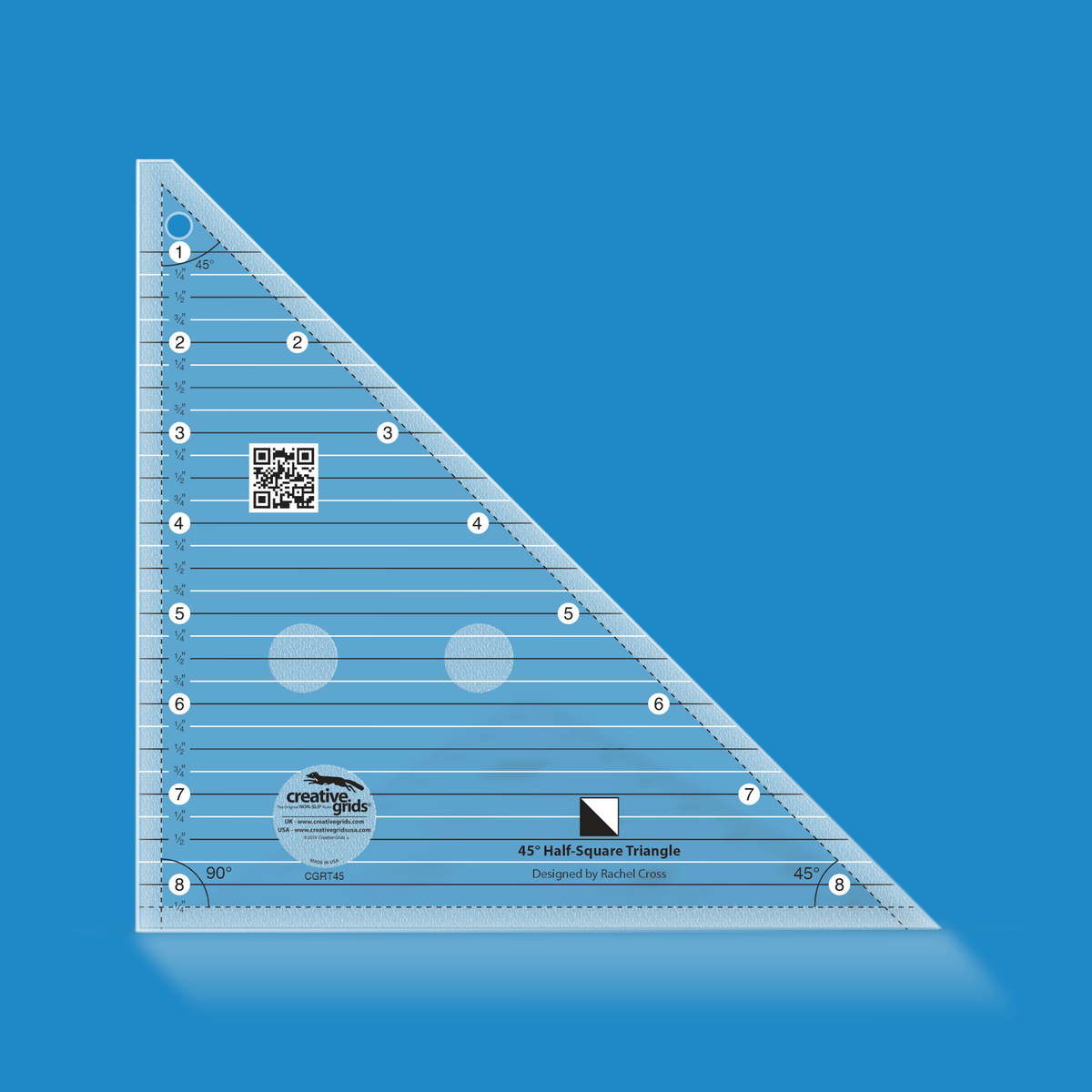 Creative Grids 45 Degree Half-Square 8 1/2 Inch Triangle CGRT45 by Rachel Cross in translucent blue acrylic with horizontal lines numbered 1 to 8, dashed seam allowance lines, 45 and 90 degree angle labels, QR code, and a half-square triangle block icon above the Designed by Rachel Cross credit.
