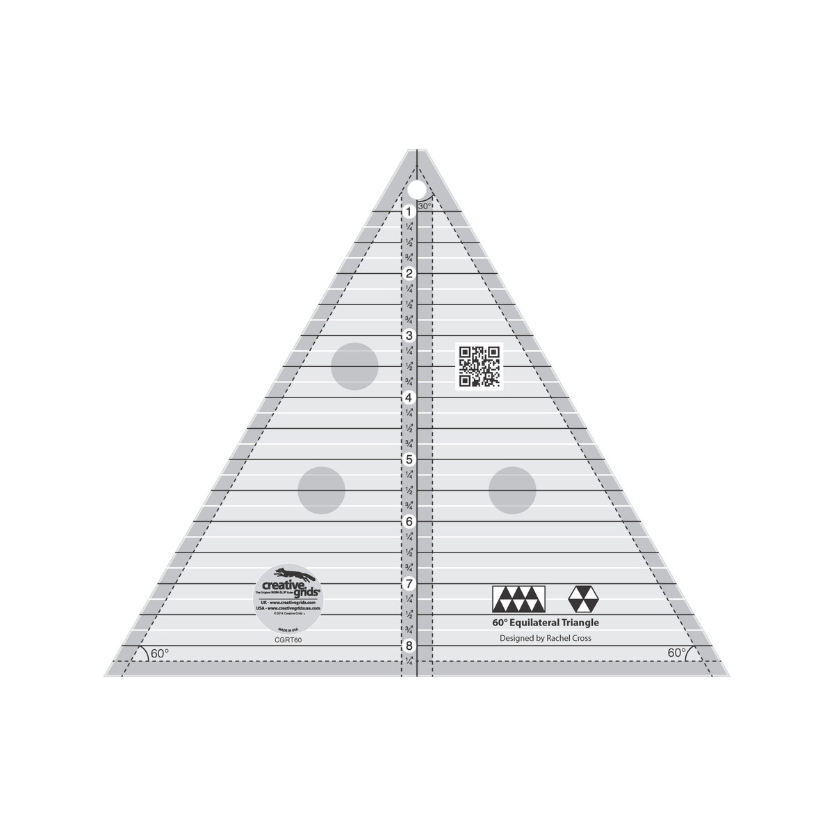 Creative Grids 60 Degree 8 1/2 Inch Triangle CGRT60 by Rachel Cross, equilateral triangle ruler, grayscale render on white: horizontal lines every 1/4 inch numbered 1 to 8 down the center, a solid vertical center line with dashed 1/4 inch seam allowance lines on both sides, dashed seam allowance lines inside the edges, 30 and 60 degree angle labels, triangle-row and hexagon block icons, a QR code, gray non-slip grip dots, and the Creative Grids logo circle.