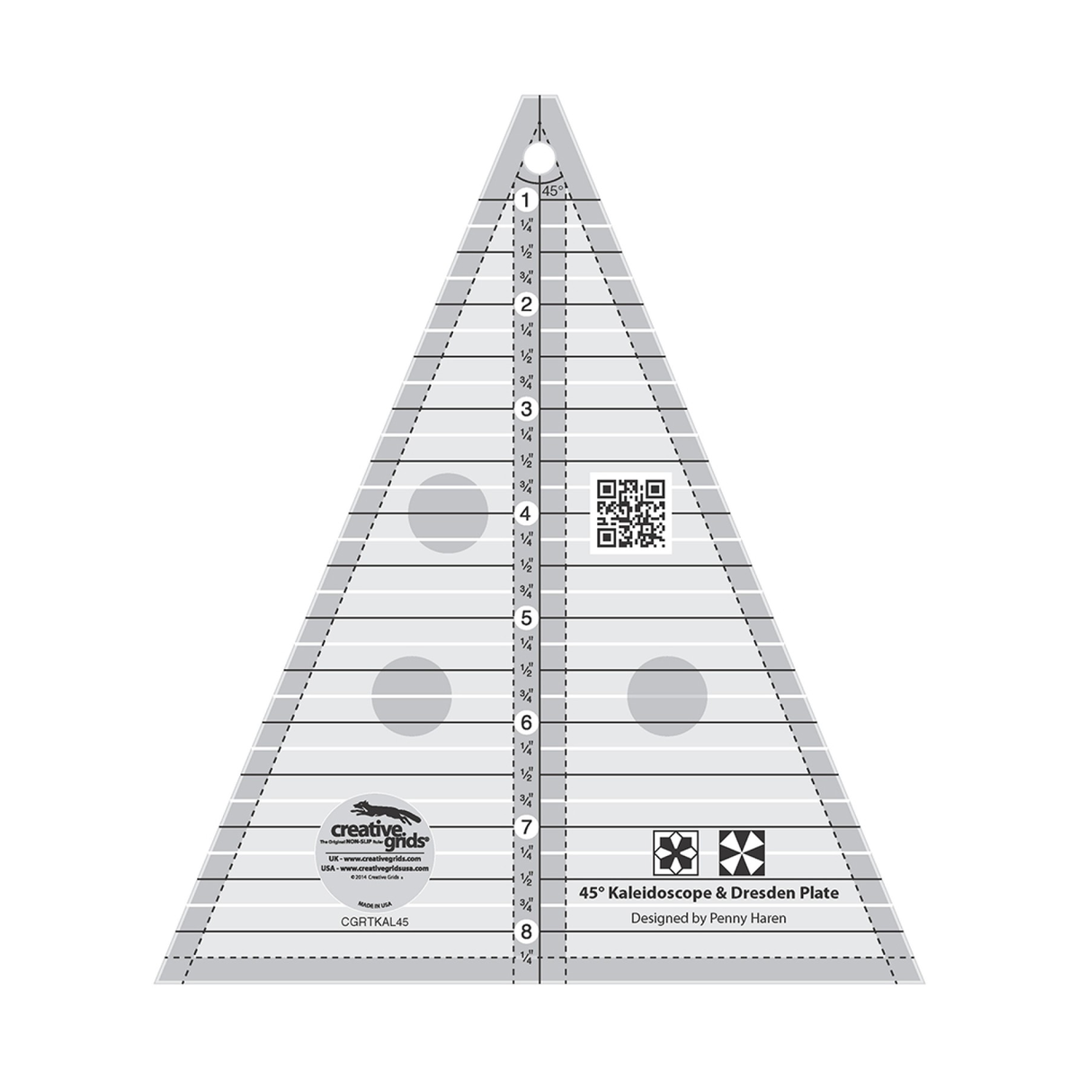 Creative Grids 45 Degree Kaleidoscope and Dresden Plate CGRTKAL45 by Penny Haren, triangle ruler, grayscale render on white: a center inch scale labeled 1 to 8 1/4 inches from the tip, solid black whole and half inch lines, white 1/4 and 3/4 inch lines, a center line between two dashed lines, dashed lines inside the angled sides and base, a 45 degree mark at the tip, two block icons, gray non-slip grip dots, a hang hole, and the Creative Grids logo circle.