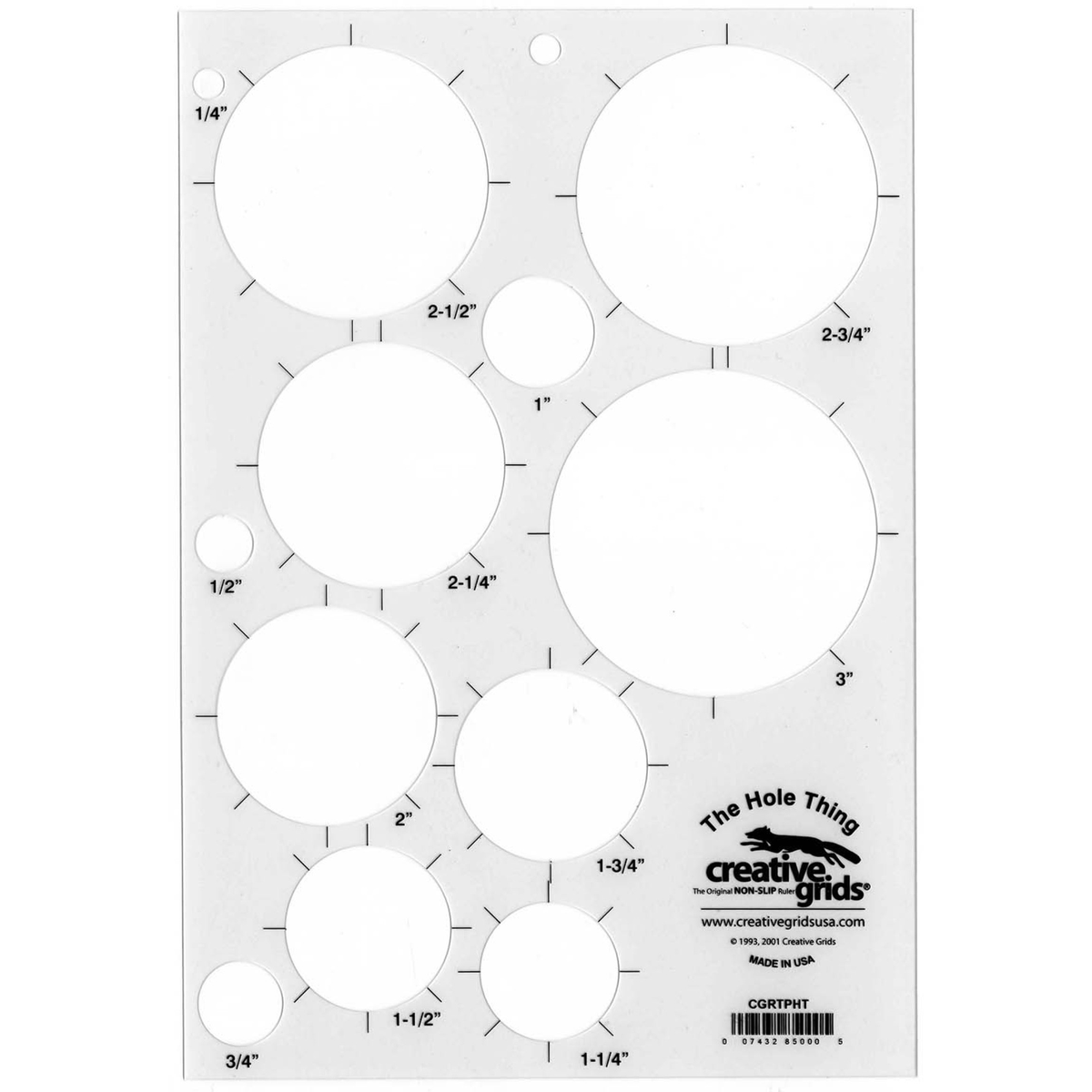 Creative Grids The Hole Thing Template CGRTPHT by Penny Haren, rectangular plastic circle stencil, grayscale image on white: twelve cut-out circles labeled 1/4, 1/2, 3/4, 1, 1 1/4, 1 1/2, 1 3/4, 2, 2 1/4, 2 1/2, 2 3/4, and 3 inches, tick marks around the circles from 1 1/4 inches up, one small unlabeled hole near the top edge, the words The Hole Thing above the Creative Grids fox logo, a website address, and a barcode.
