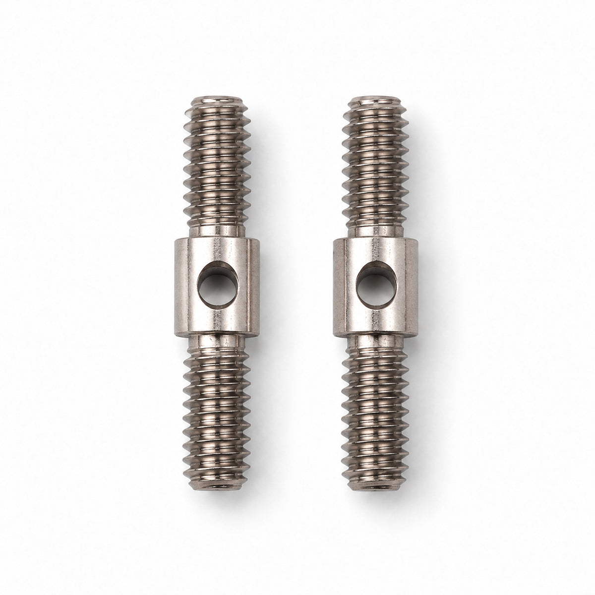 Two ChiaoGoo Small [S] cable connectors on a white background. Each steel connector has a threaded screw at both ends and a center collar with a round hole for the tightening key.