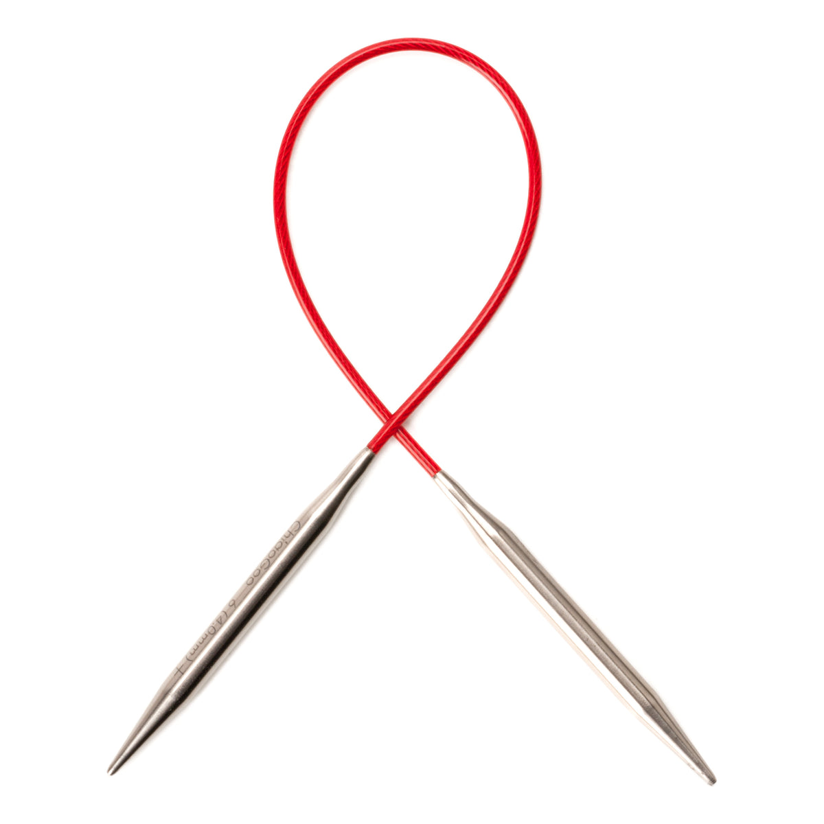 ChiaoGoo Knit Red 9-inch fixed circular knitting needle in stainless steel, on a white background. The red cable makes a loop at the top, and the two straight tips cross below it and point down. The laser marking on one tip reads ChiaoGoo 6 (4.0mm).