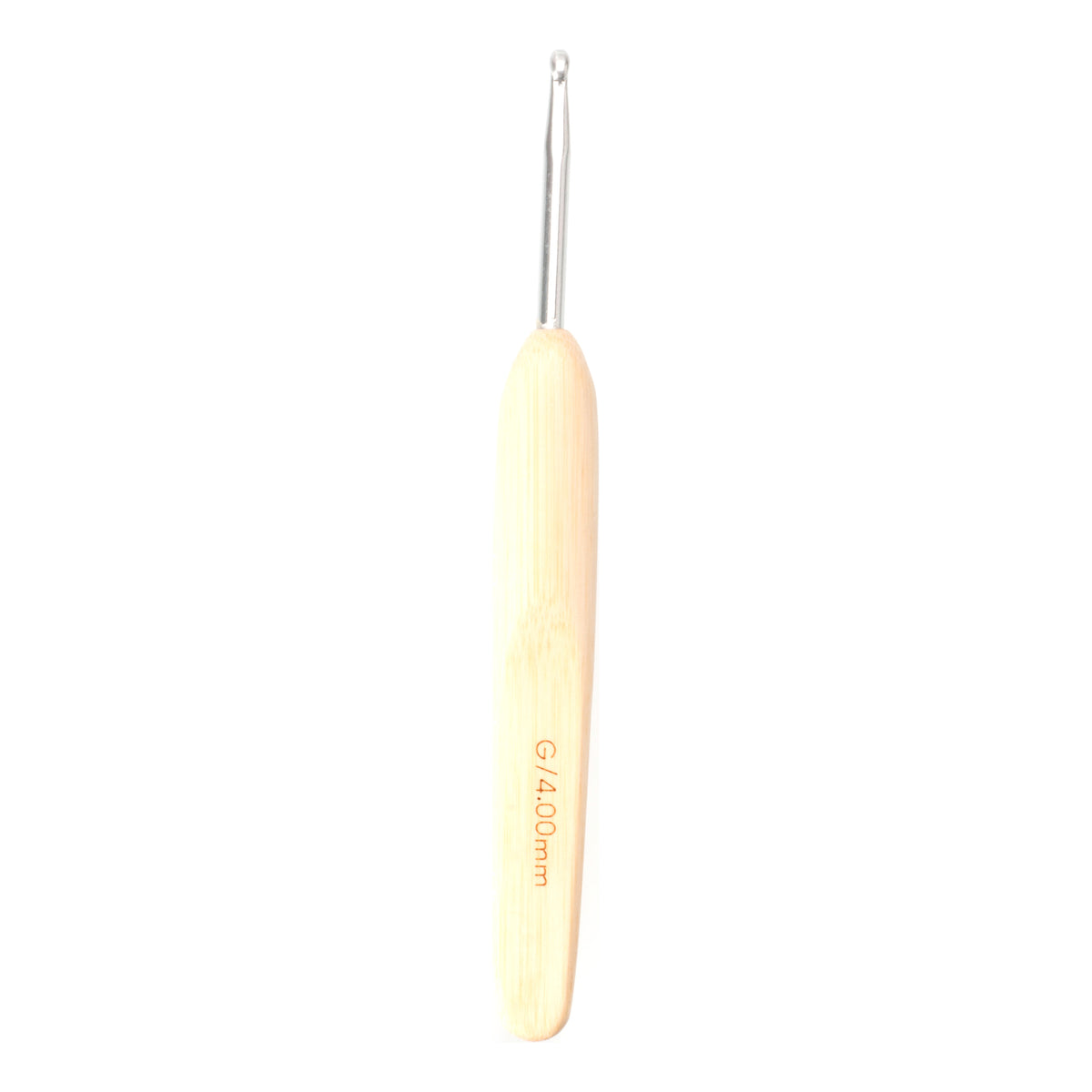 ChiaoGoo crochet hook with a metal head and a bamboo handle, upright on a white background with the hook at the top. A marking on the pale bamboo handle reads G/4.00mm.