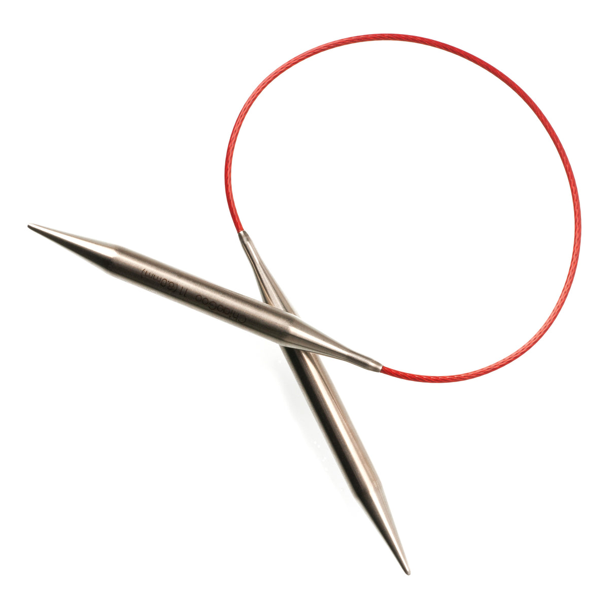 ChiaoGoo Red Lace 16-inch fixed circular knitting needle in surgical stainless steel, on a white background. The red cable makes a loop at the top, and the two straight tips cross below it. The laser marking on one tip reads ChiaoGoo 11 (8.0mm).