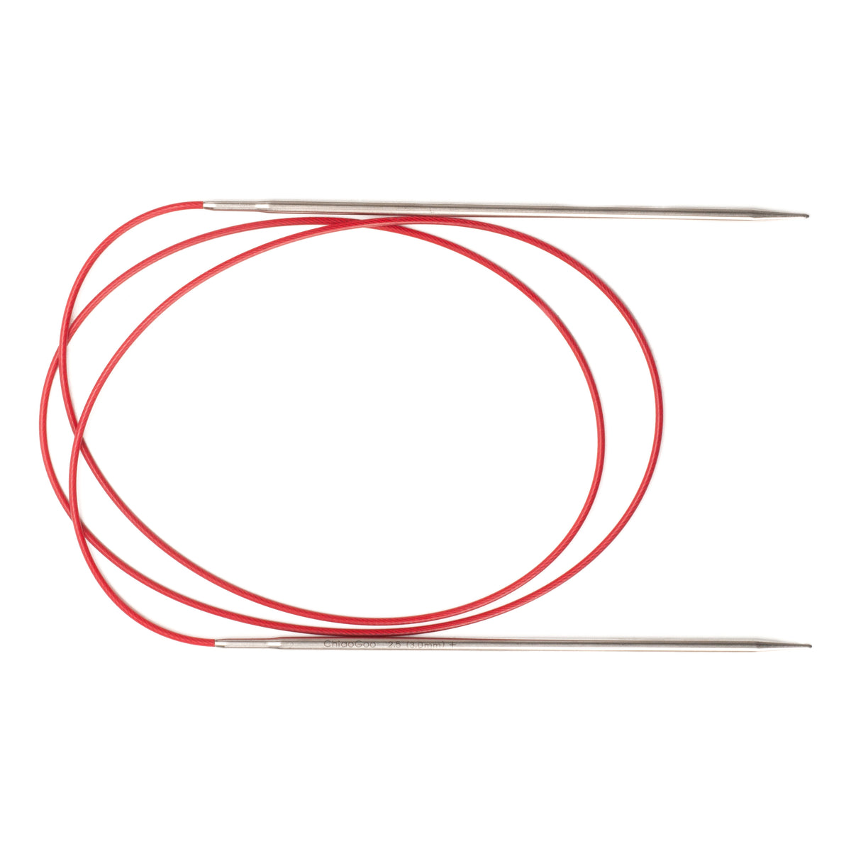 ChiaoGoo Red Lace 40-inch fixed circular knitting needle in size US-2.5, on a white background. The two thin, straight tips lie side by side pointing right, with the red cable coiled to the left. The laser marking on one tip reads 2.5 (3.0mm).