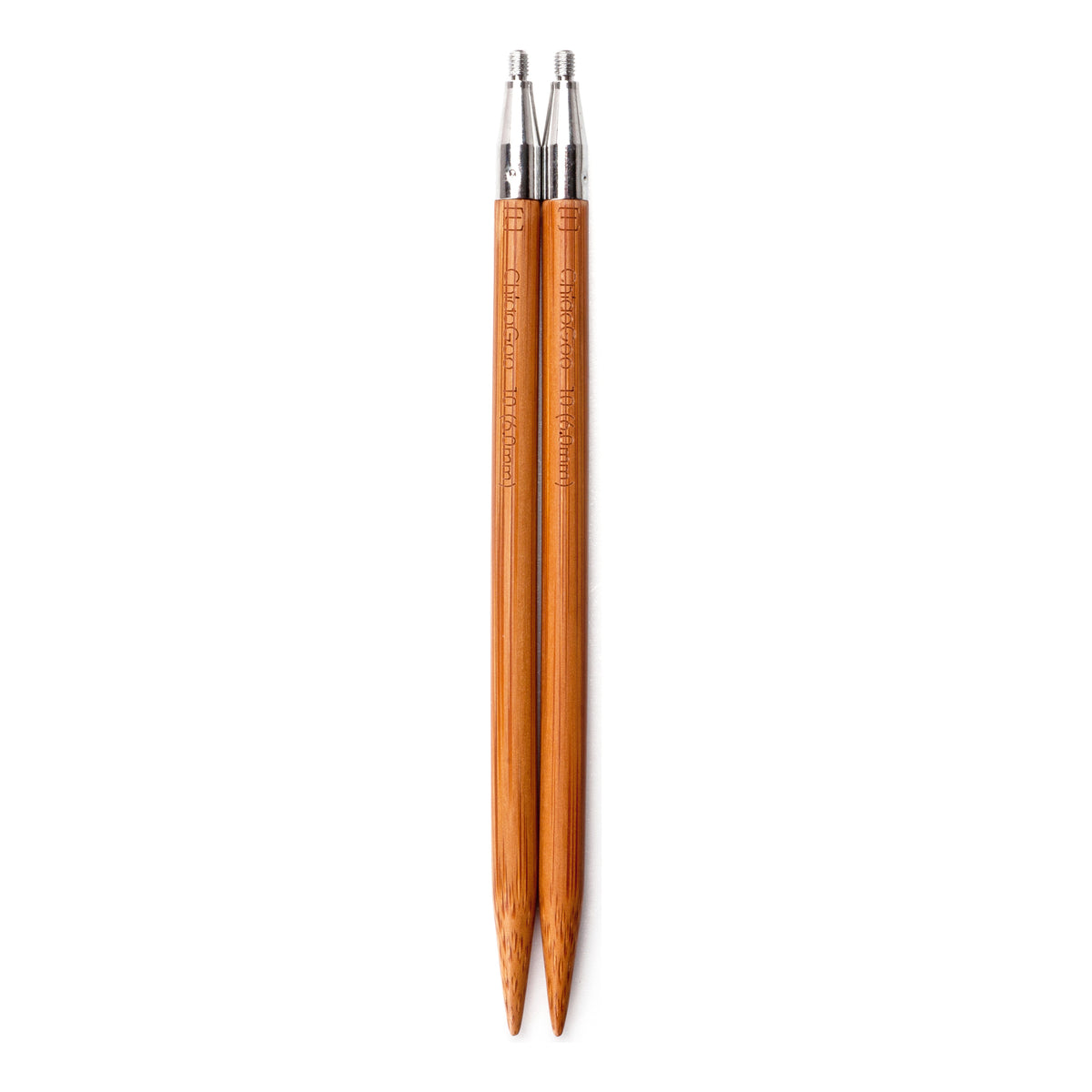 A pair of ChiaoGoo SPIN 5-inch bamboo interchangeable knitting needle tips, side by side on a white background with the points down. Each brown bamboo shaft has a silver metal join with a threaded end at the top. Markings on the bamboo read [L], ChiaoGoo, and 10 (6.0mm).