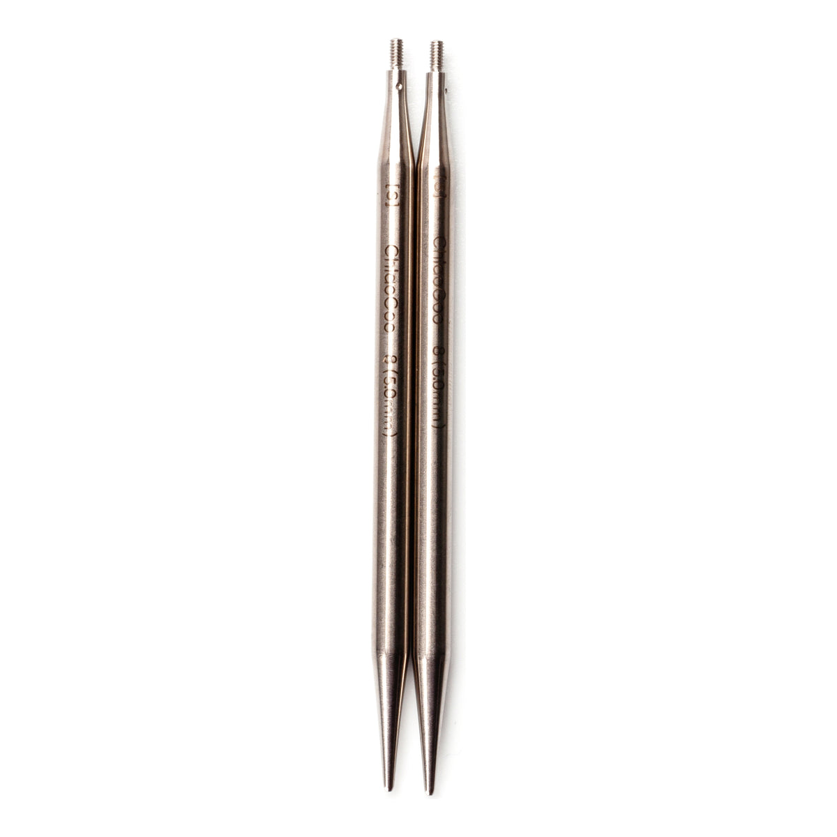 A pair of ChiaoGoo TWIST Lace 4-inch stainless steel interchangeable knitting needle tips, side by side on a white background with the points down. Each tip has a threaded end at the top. Laser markings on the shaft read [S], ChiaoGoo, and 8 (5.0mm).
