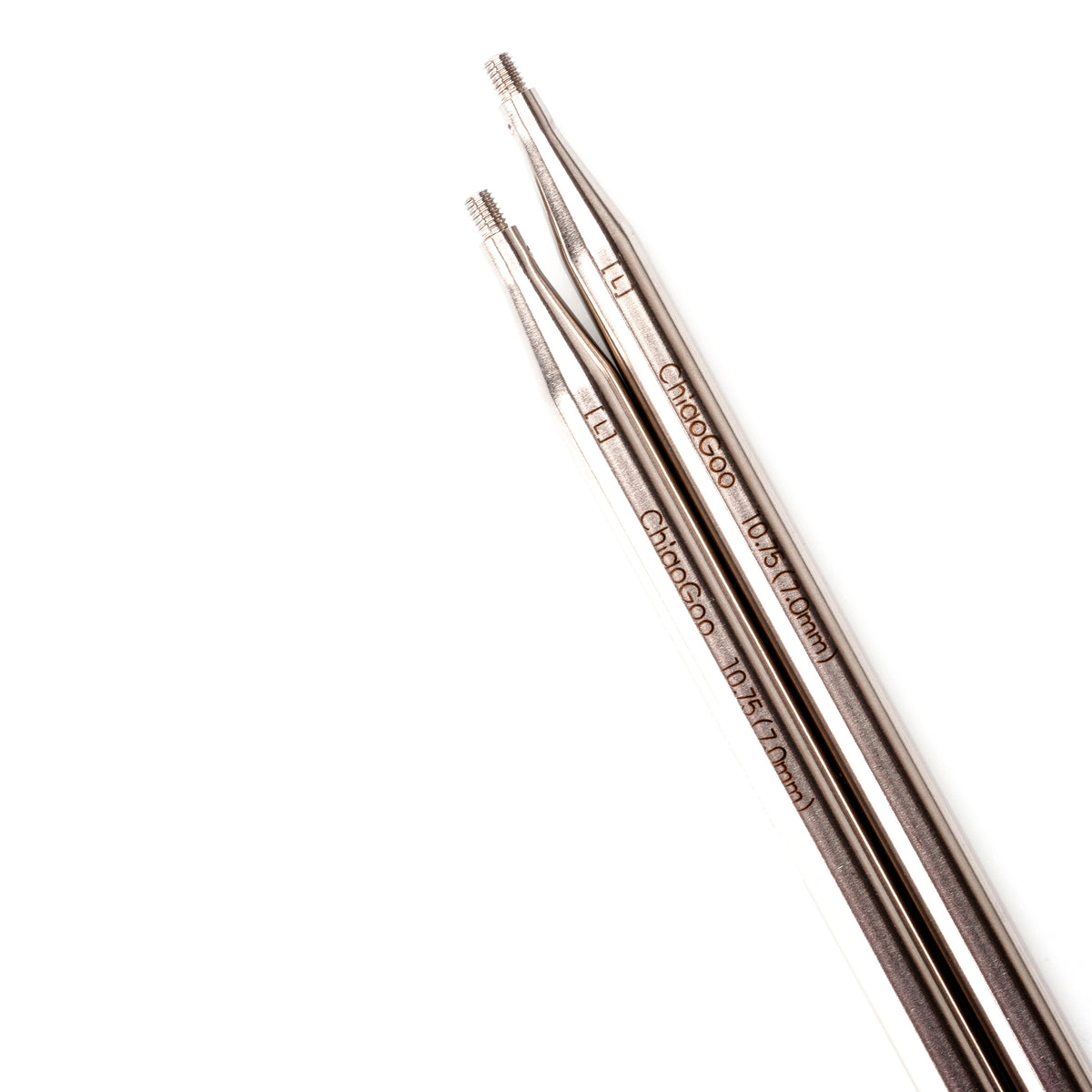Close-up of ChiaoGoo TWIST Lace 5-inch stainless steel interchangeable knitting needle tips on a white background, with the threaded ends at the upper left. Laser markings on the shafts read [L], ChiaoGoo, and 10.75 (7.0mm).
