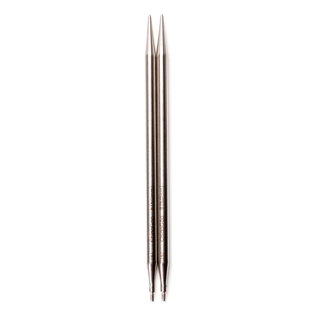 A pair of ChiaoGoo TWIST Lace 5-inch stainless steel interchangeable knitting needle tips, side by side on a white background with the points up. Each tip has a threaded end at the bottom. Laser markings on the shafts include [S] and ChiaoGoo.