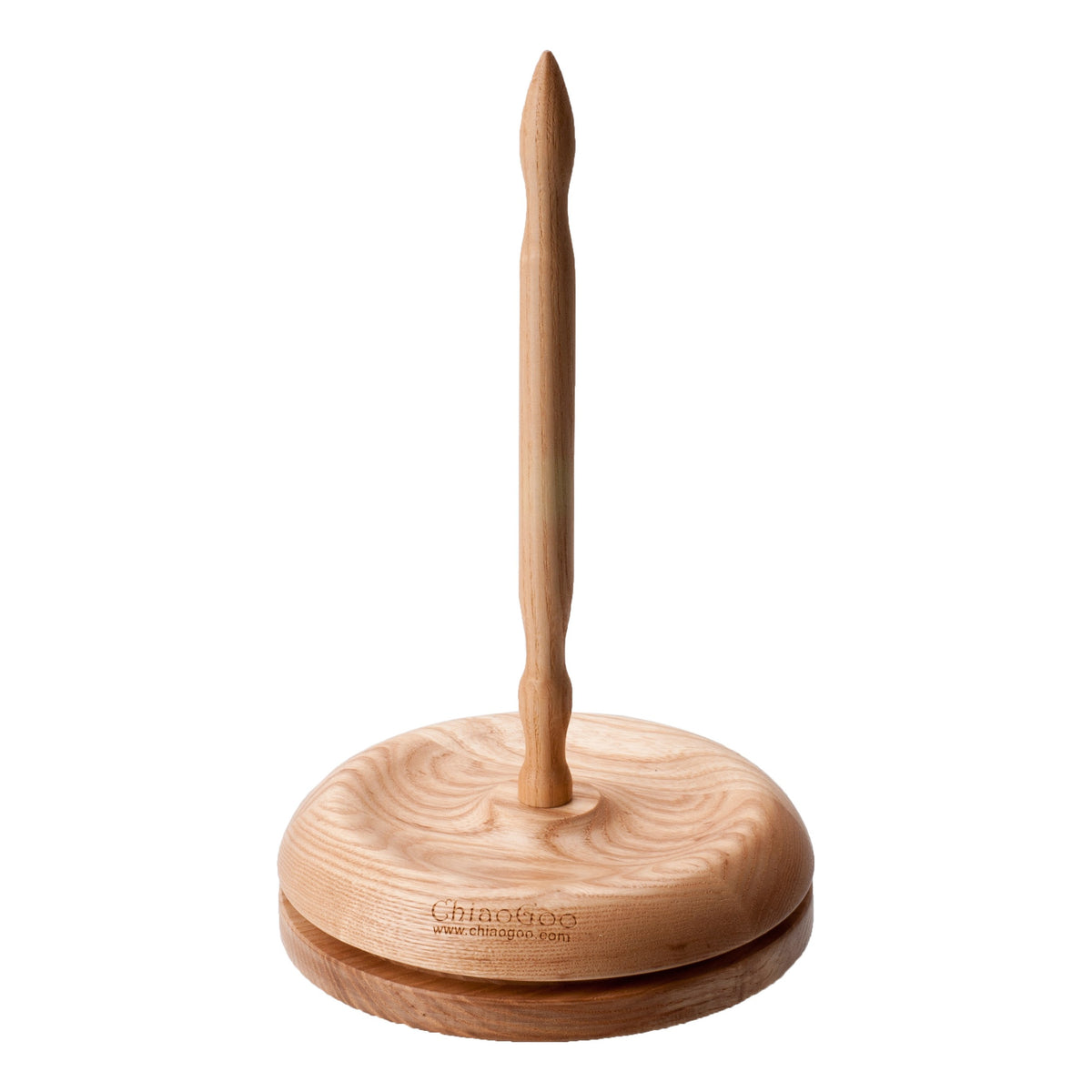 ChiaoGoo wood Yarn Butler without yarn, on a white background. A turned wood spindle stands in the center of a round wood base made of two layers. The edge of the base carries the ChiaoGoo name and www.chiaogoo.com.