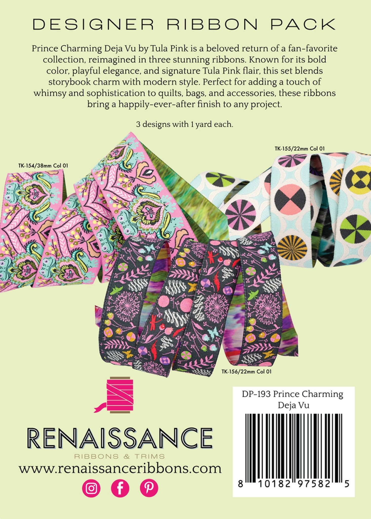 Prince Charming  Deja  Vu Designer Pack by Tula Pink for Renaissance Ribbons