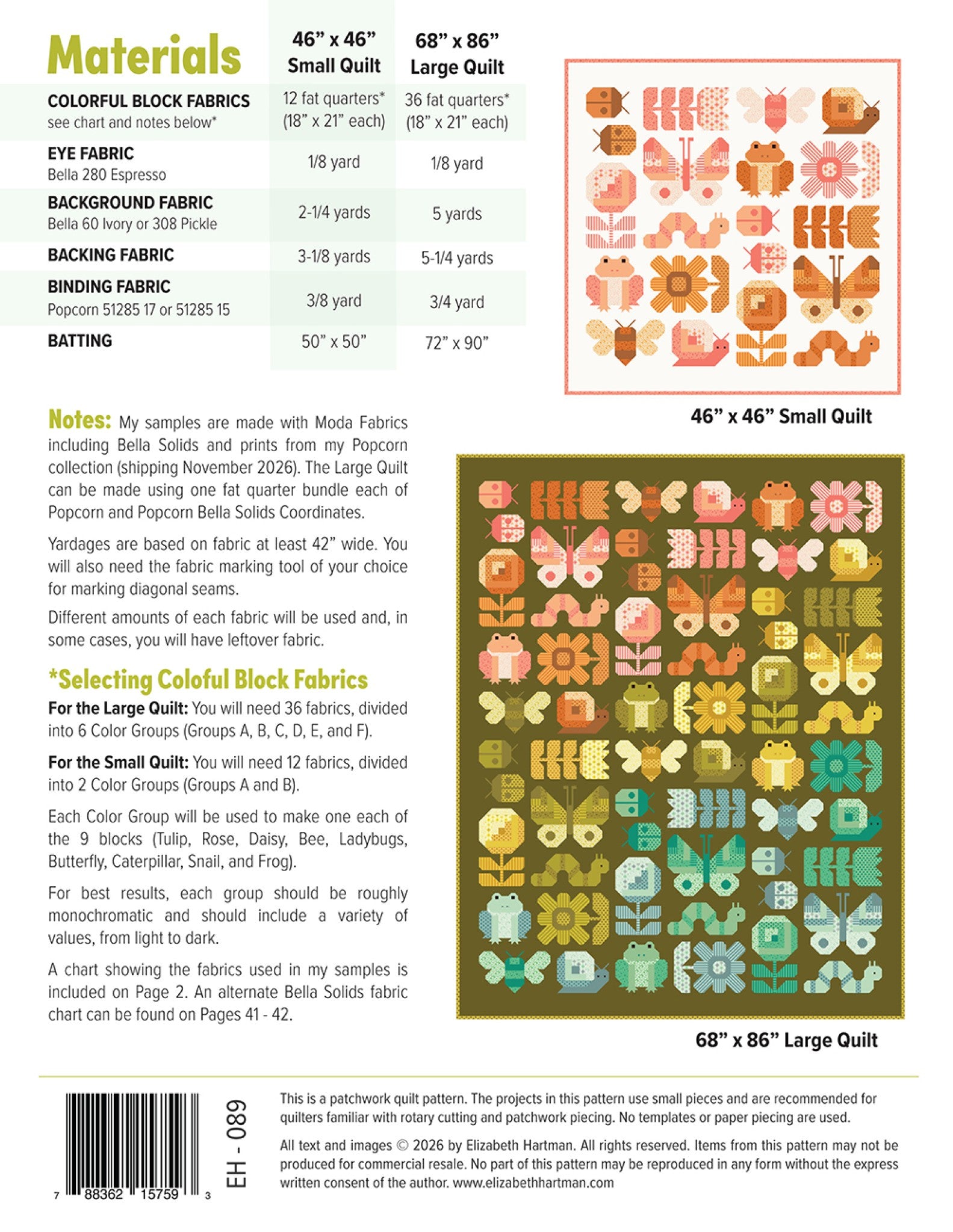 Back cover of the Busy Backyard quilt pattern by Elizabeth Hartman. Shows the materials chart for both sizes, fabric notes, and full layout diagrams of the 46 by 46 inch Small Quilt in coral and orange and the 68 by 86 inch Large Quilt in a full rainbow on an olive background, featuring tulip, rose, daisy, bee, ladybug, butterfly, caterpillar, snail, and frog blocks.