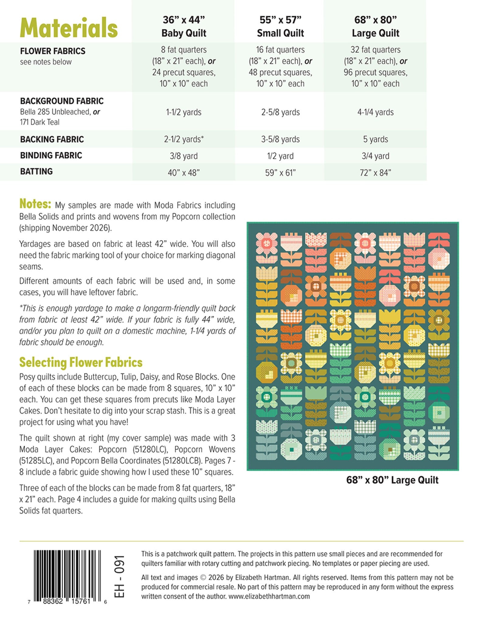 Posy quilt pattern by Elizabeth Hartman. Back cover with the materials chart for the baby, small, and large quilts, fabric notes, a flower-fabric selection guide, and an image of the 68 by 80 inch large quilt showing rows of patchwork buttercup, tulip, daisy, and rose blocks.