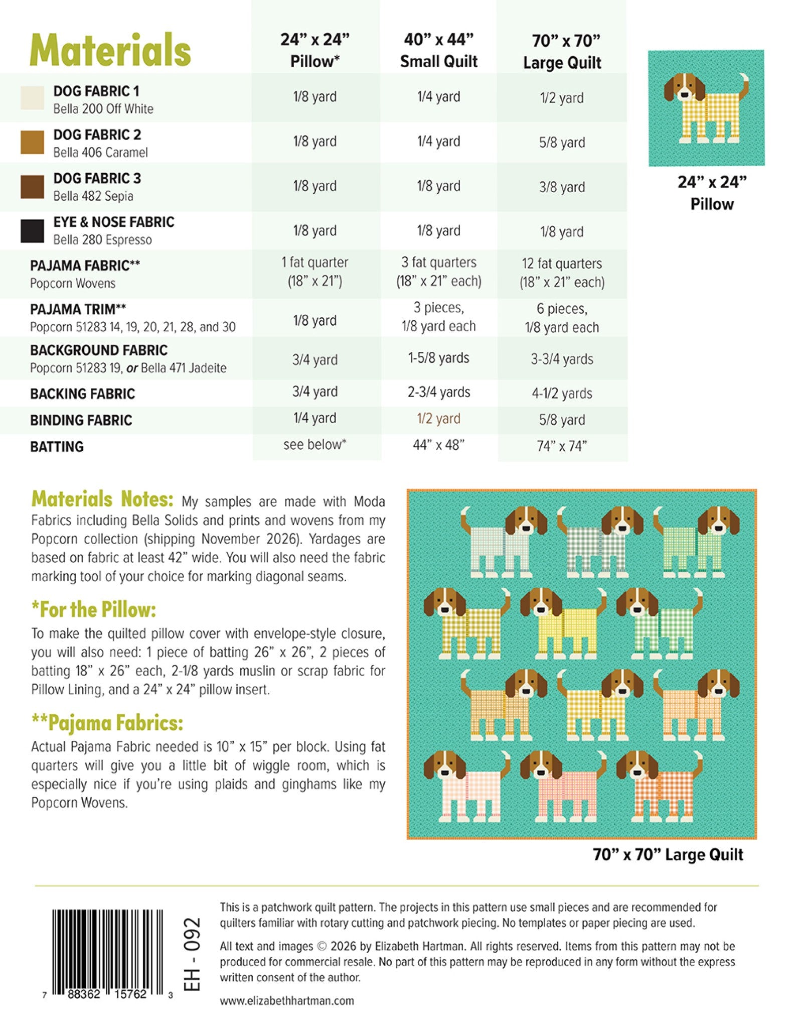 Pups in Pajamas quilt pattern by Elizabeth Hartman. Back cover with the materials chart for the pillow, small quilt, and large quilt, fabric and pillow finishing notes, and an image of the 70 by 70 inch large quilt showing twelve beagle puppies in different pajama prints on aqua.