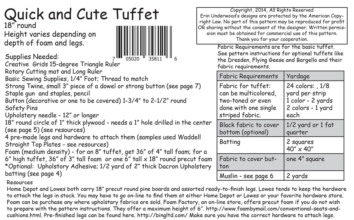 Pattern envelope for 'Quick and Cute Tuffet' with fabric requirements and supplies listed.
