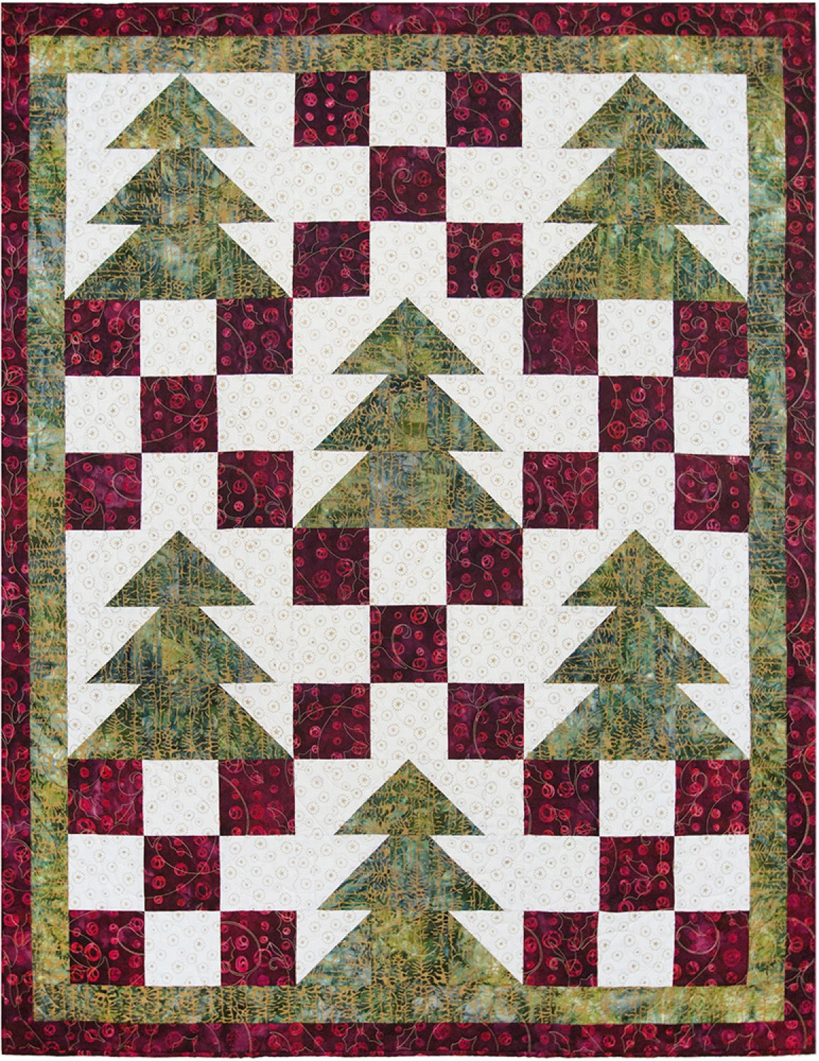 Evergreen quilt from Make It Christmas with 3-Yard Quilts by Fabric Cafe. Green batik pine trees pieced from triangles stand on a cream background between burgundy and cream patchwork squares, framed by a green and burgundy border.