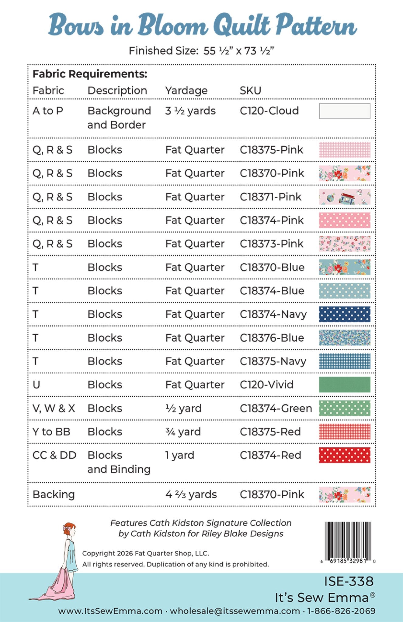 Back cover of the Bows in Bloom quilt pattern showing the fabric requirements chart, finished size 55.5 by 73.5 inches, and It's Sew Emma branding.
