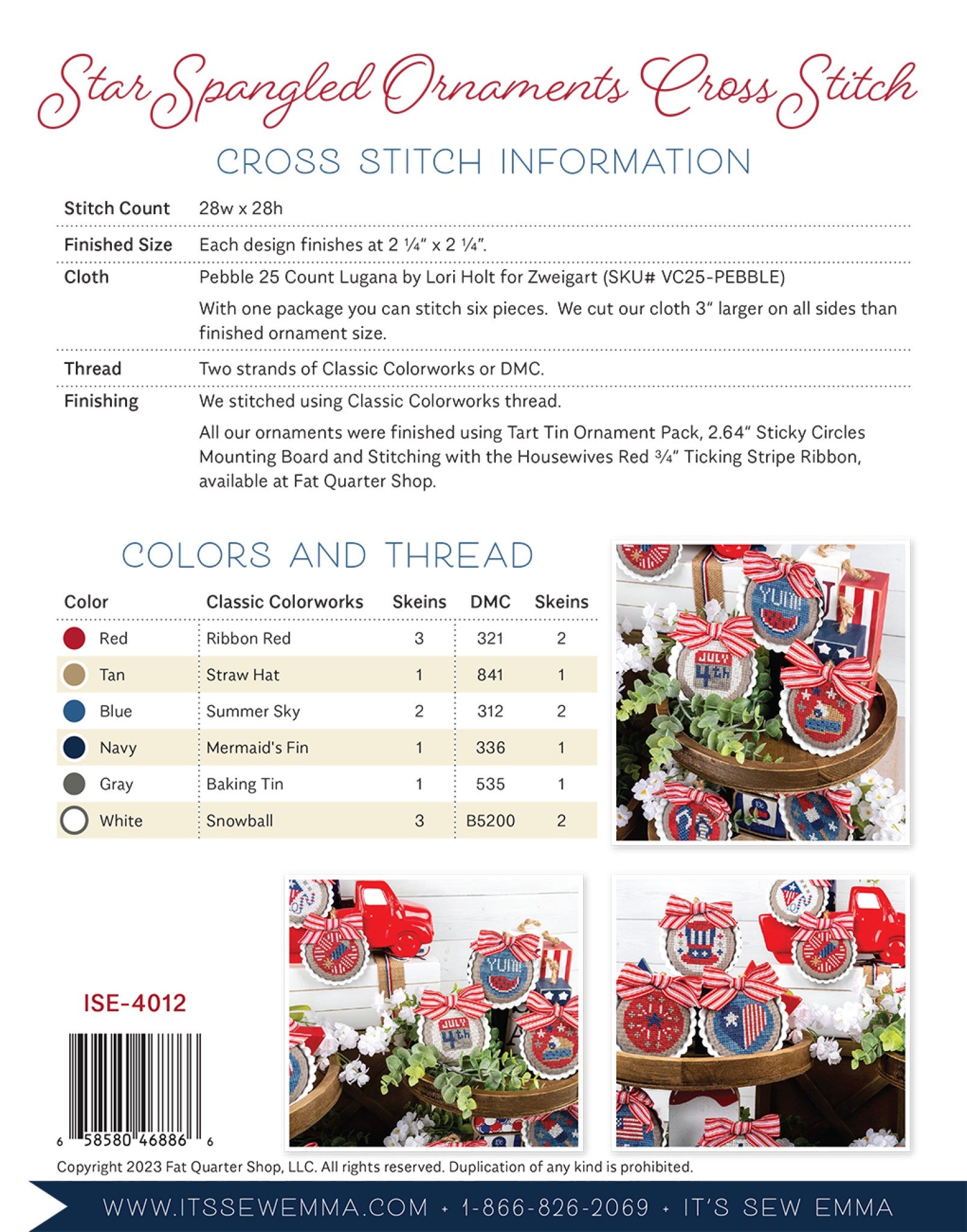 Back cover of Star Spangled Ornaments cross stitch pattern ISE-4012 by It's Sew Emma. Cross stitch information lists a 28 by 28 stitch count and a 2-1/4 inch finished size on Pebble 25-count Lugana, with a colors and thread chart pairing six colors (red, tan, blue, navy, gray, white) in Classic Colorworks and DMC, plus styled photos of the finished ornaments.
